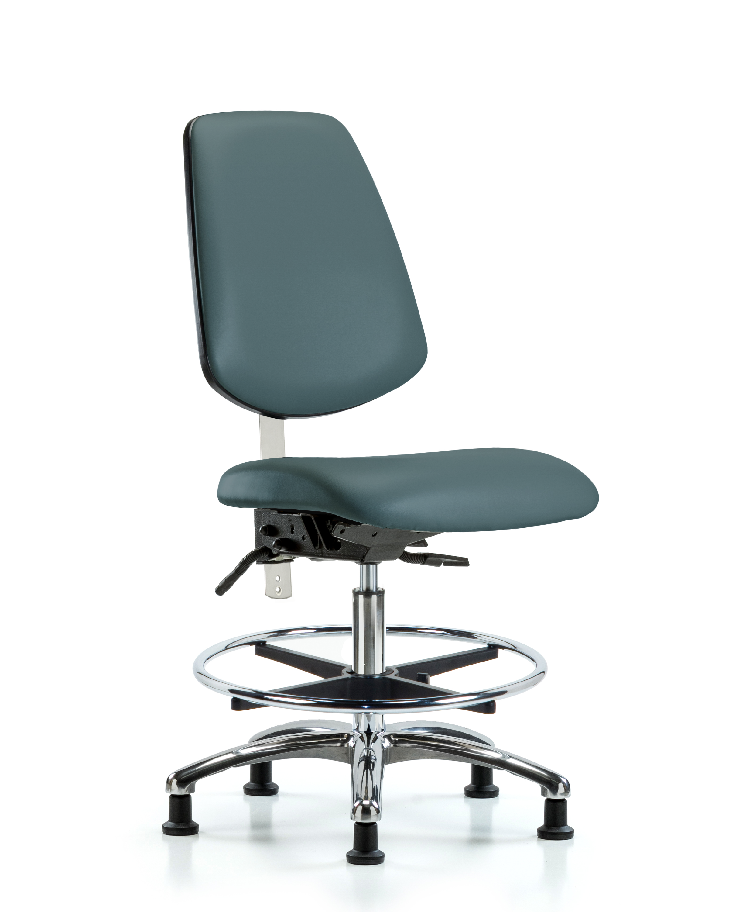 Class 100 Vinyl Clean Room Chair - Medium Bench Height with Medium Back, Seat Tilt, Chrome Foot Ring, & Stationary Glides in Black Trailblazer Vinyl