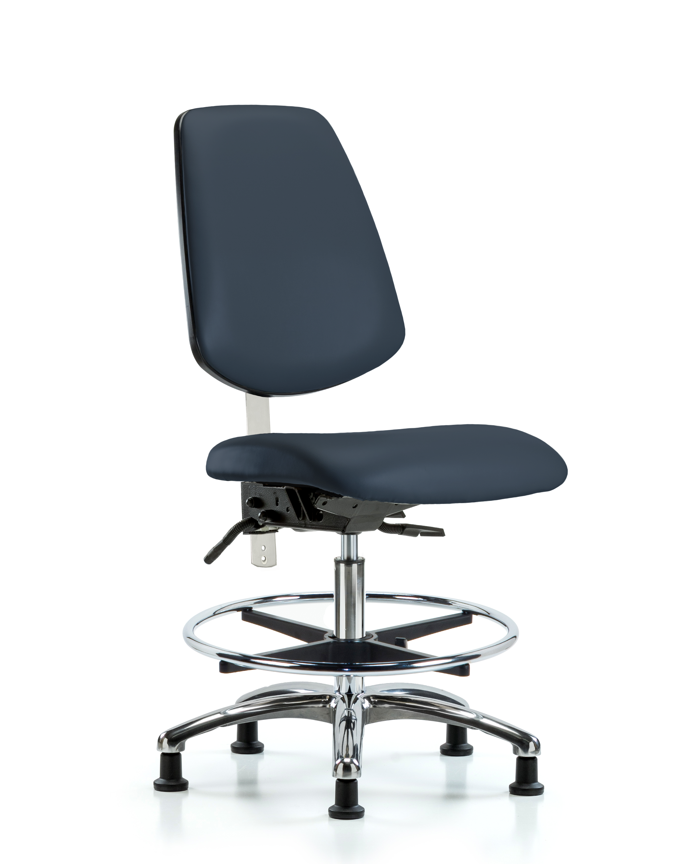 Class 100 Vinyl Clean Room Chair - Medium Bench Height with Medium Back, Seat Tilt, Chrome Foot Ring, & Stationary Glides in Imperial Blue Trailblazer Vinyl