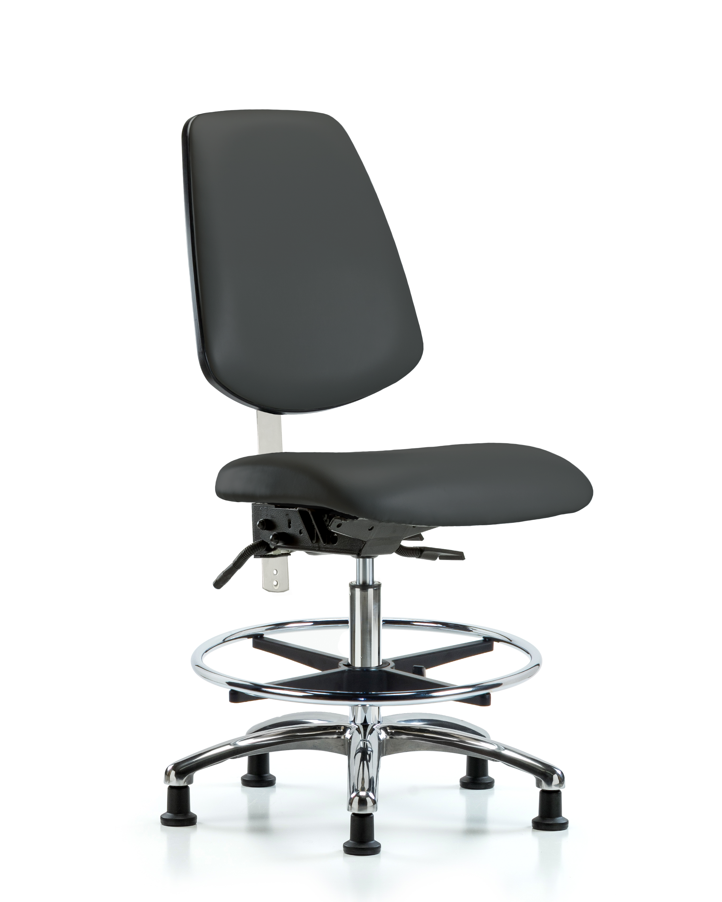 Class 100 Vinyl Clean Room Chair - Medium Bench Height with Medium Back, Seat Tilt, Chrome Foot Ring, & Stationary Glides in Charcoal Trailblazer Vinyl
