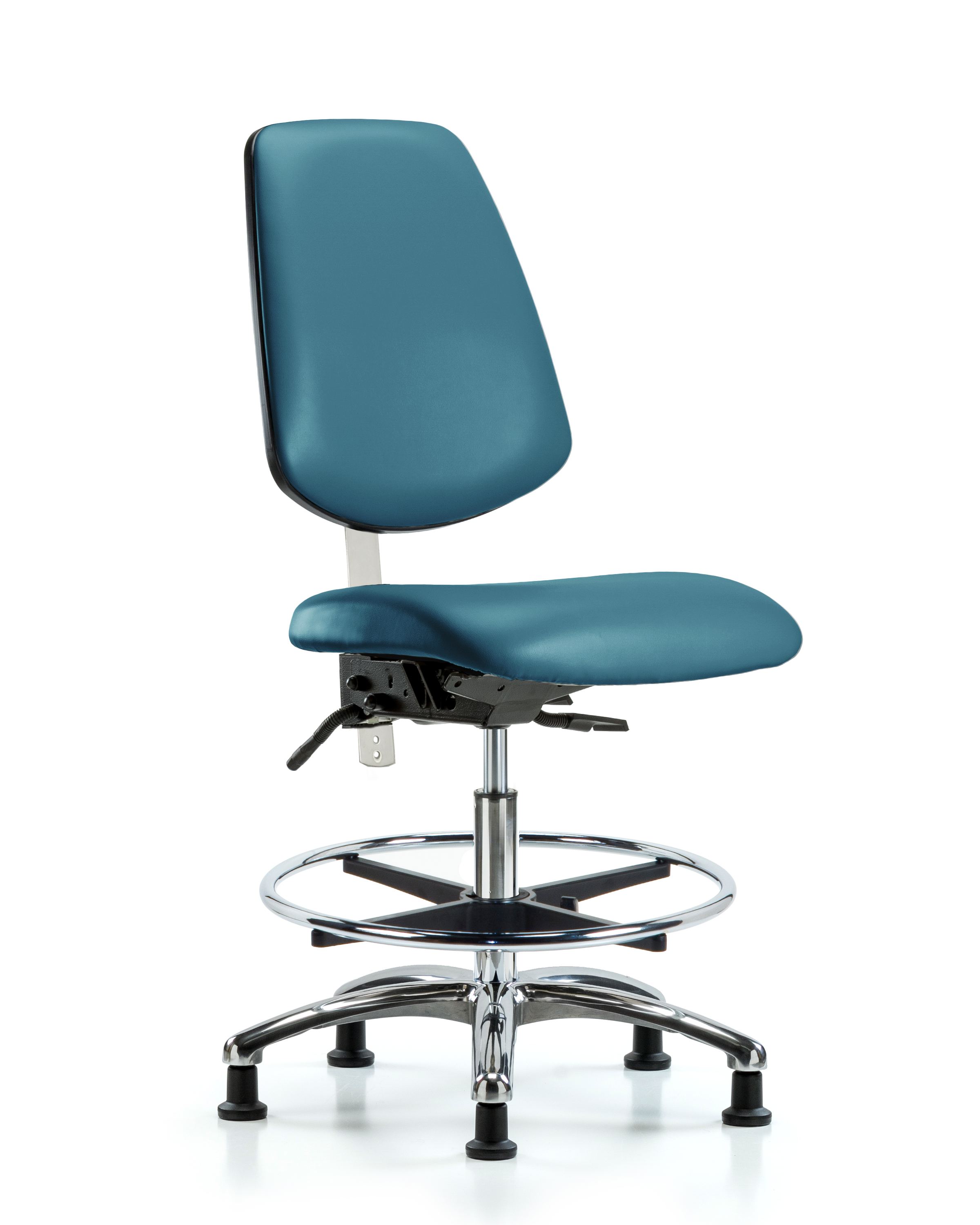 Class 100 Vinyl Clean Room Chair - Medium Bench Height with Medium Back, Seat Tilt, Chrome Foot Ring, & Stationary Glides in Marine Blue Supernova Vinyl