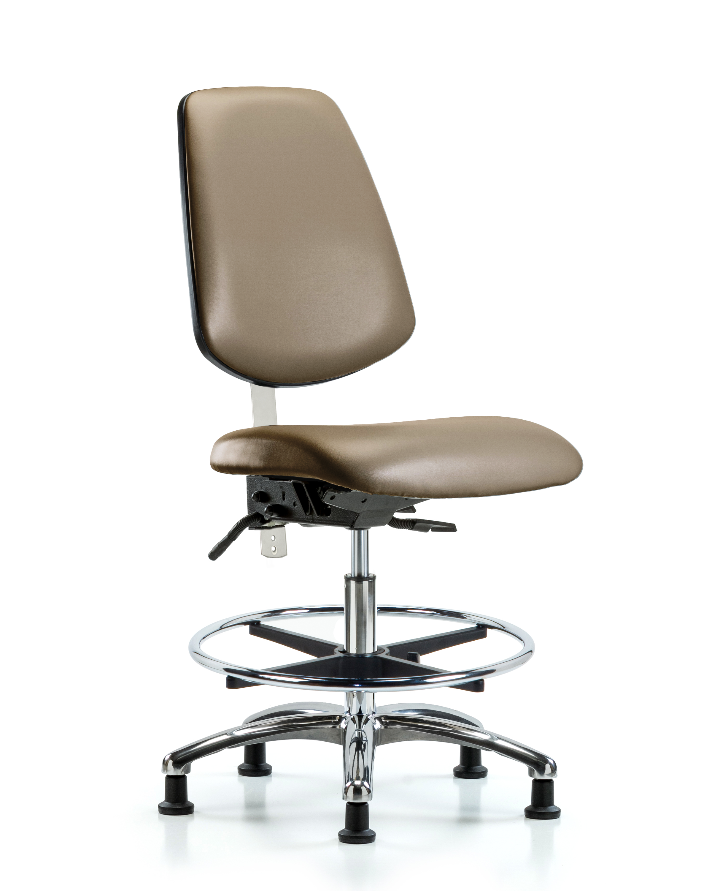 Class 100 Vinyl Clean Room Chair - Medium Bench Height with Medium Back, Seat Tilt, Chrome Foot Ring, & Stationary Glides in Marine Blue Supernova Vinyl