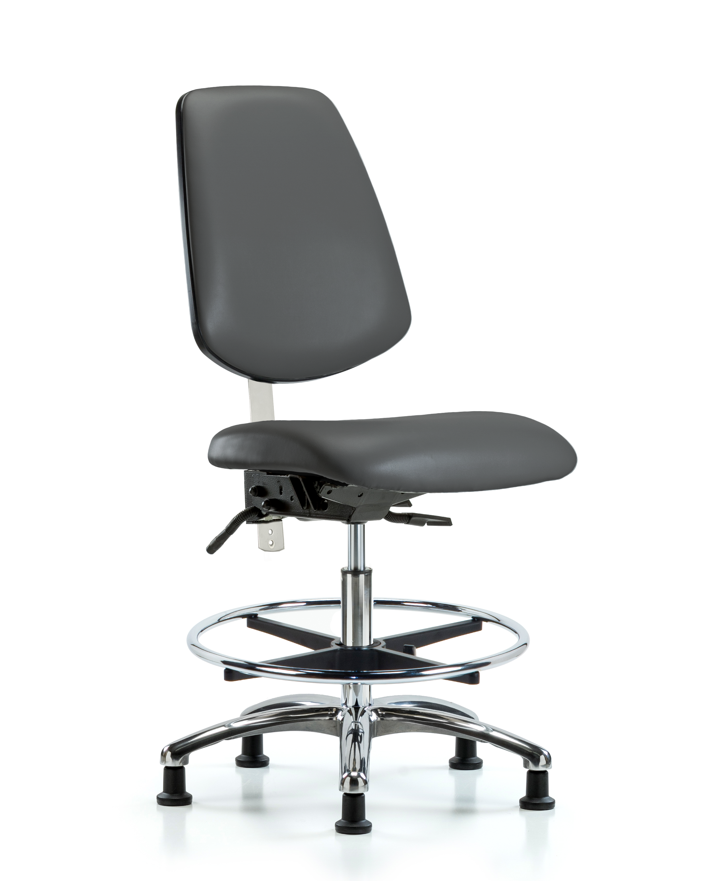 Class 100 Vinyl Clean Room Chair - Medium Bench Height with Medium Back, Seat Tilt, Chrome Foot Ring, & Stationary Glides in Storm Supernova Vinyl