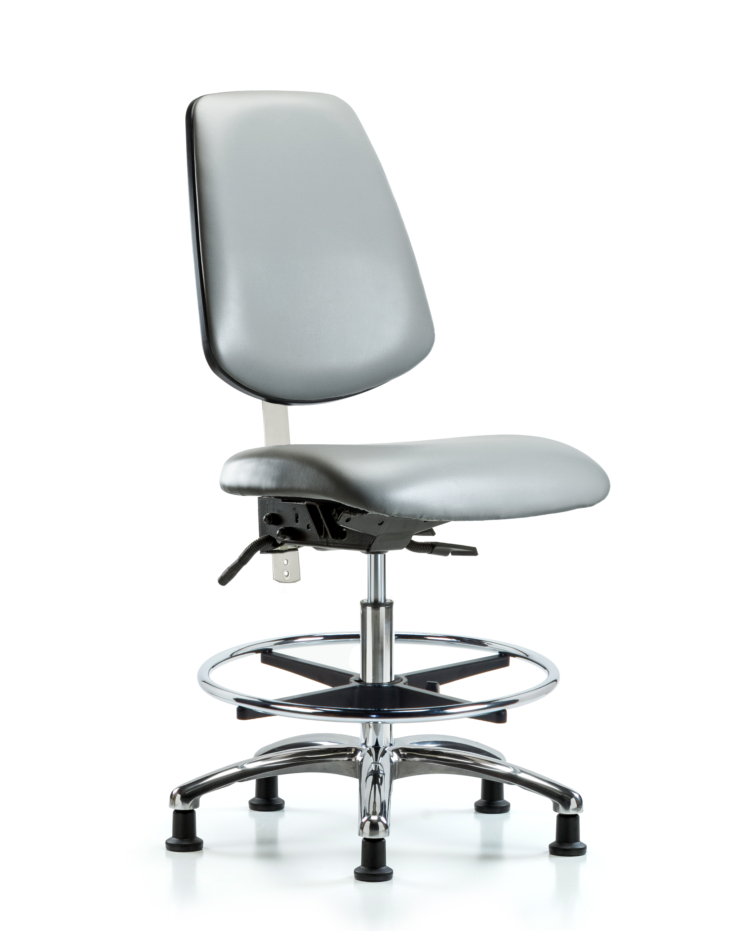 Class 100 Vinyl Clean Room Chair - Medium Bench Height with Medium Back, Seat Tilt, Chrome Foot Ring, & Stationary Glides in Sterling Supernova Vinyl