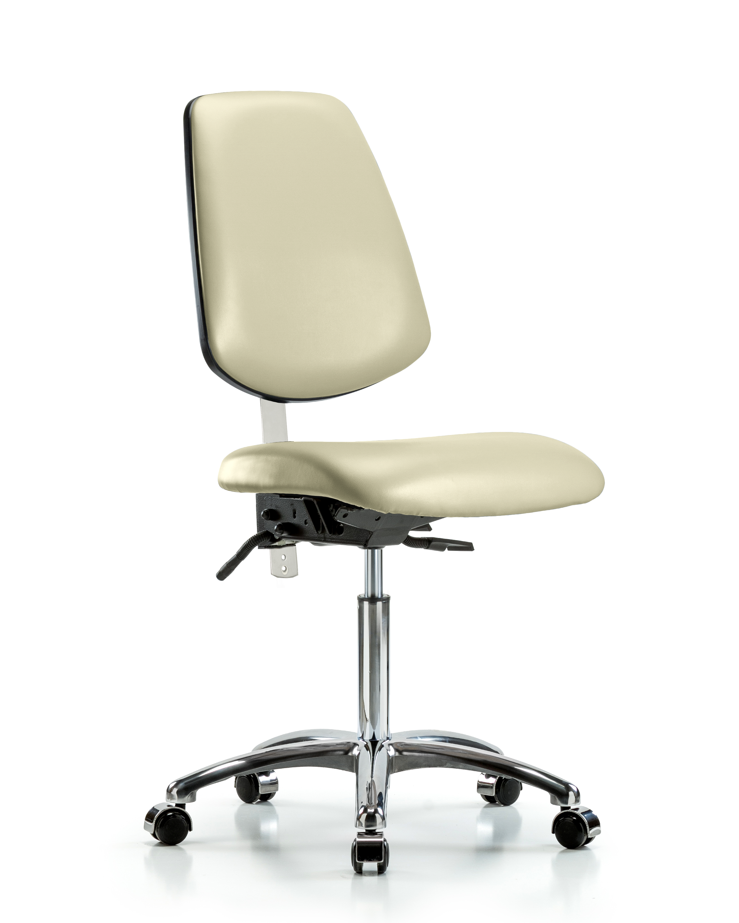 Class 100 Vinyl Clean Room Chair - Medium Bench Height with Medium Back, Seat Tilt, & Casters in Adobe White Trailblazer Vinyl