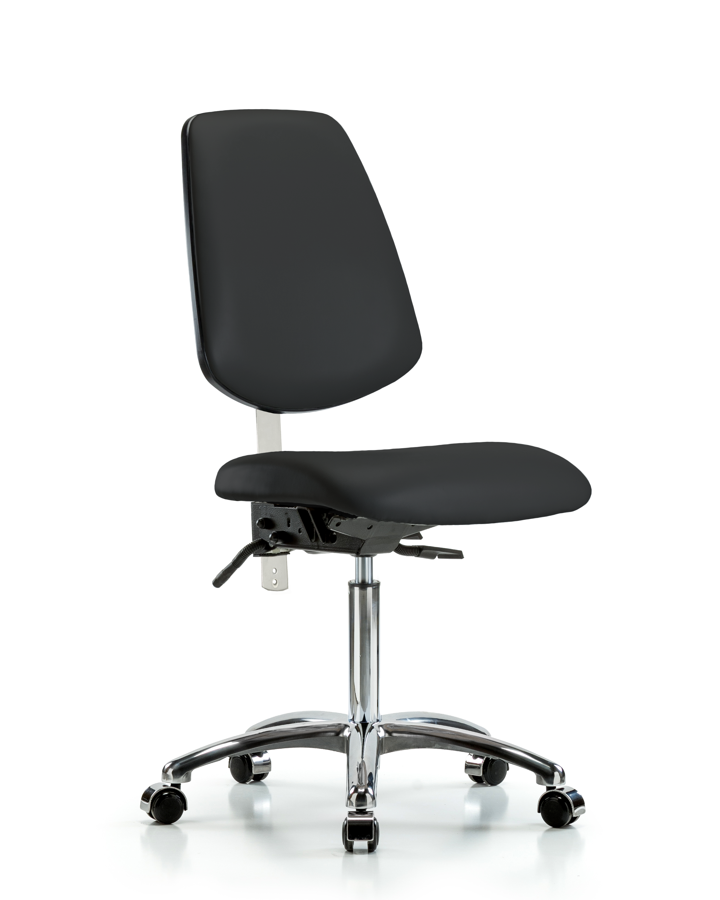 Class 100 Vinyl Clean Room Chair - Medium Bench Height with Medium Back, Seat Tilt, & Casters in Black Trailblazer Vinyl