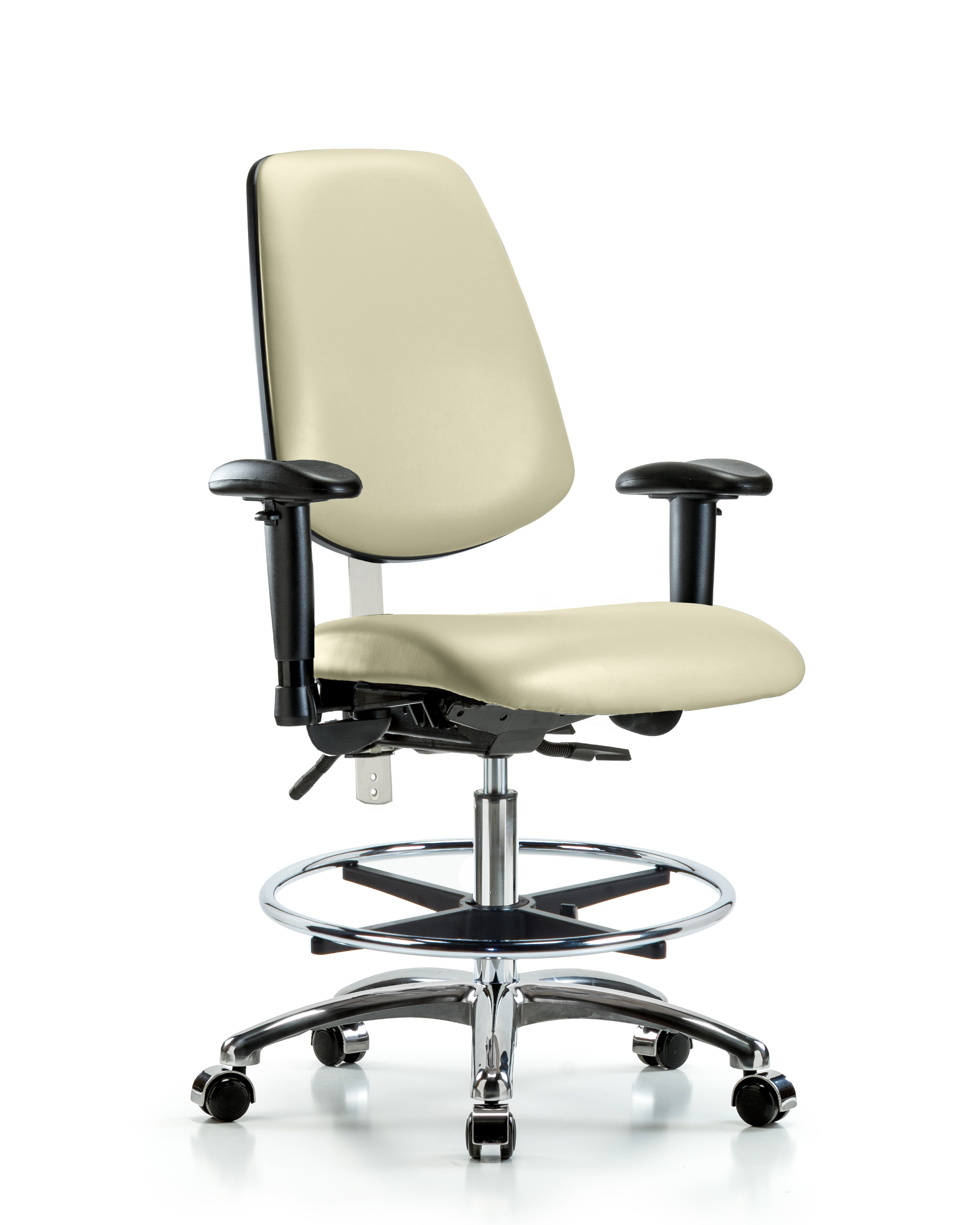 CL100 Vinyl Clean Room Chair - Medium Bench Height with Medium Back, Seat Tilt, Adjustable Arms, Chrome Foot Ring, & Casters in Adobe White Trailblazer Vinyl