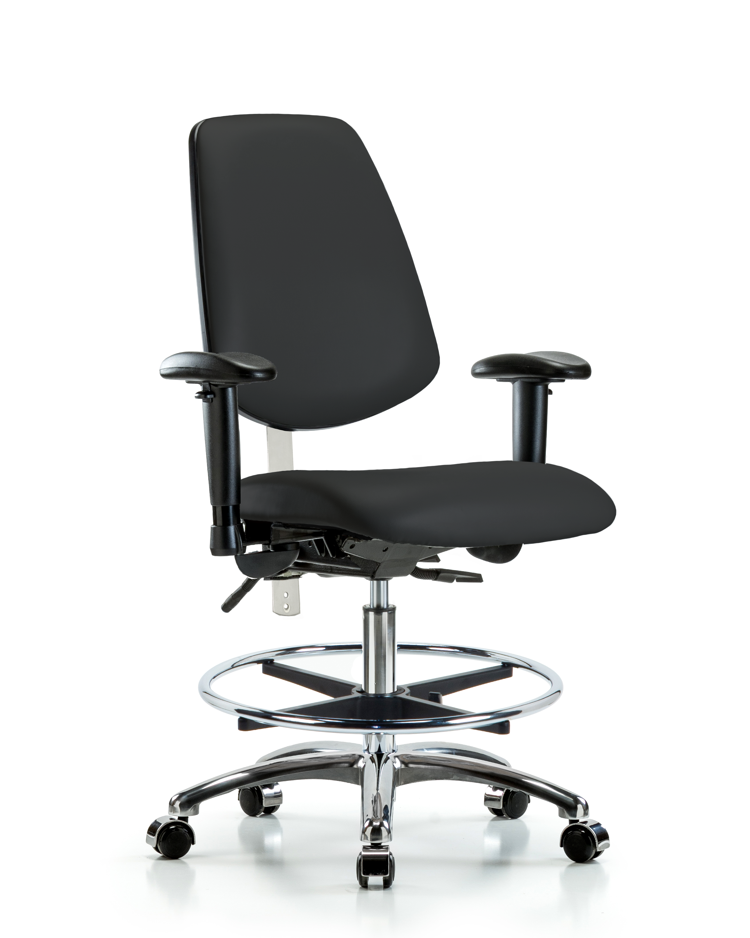 Class 100 Vinyl Clean Room Chair - Medium Bench Height with Medium Back, Seat Tilt, Adjustable Arms, Chrome Foot Ring, & Casters in Black Trailblazer Vinyl