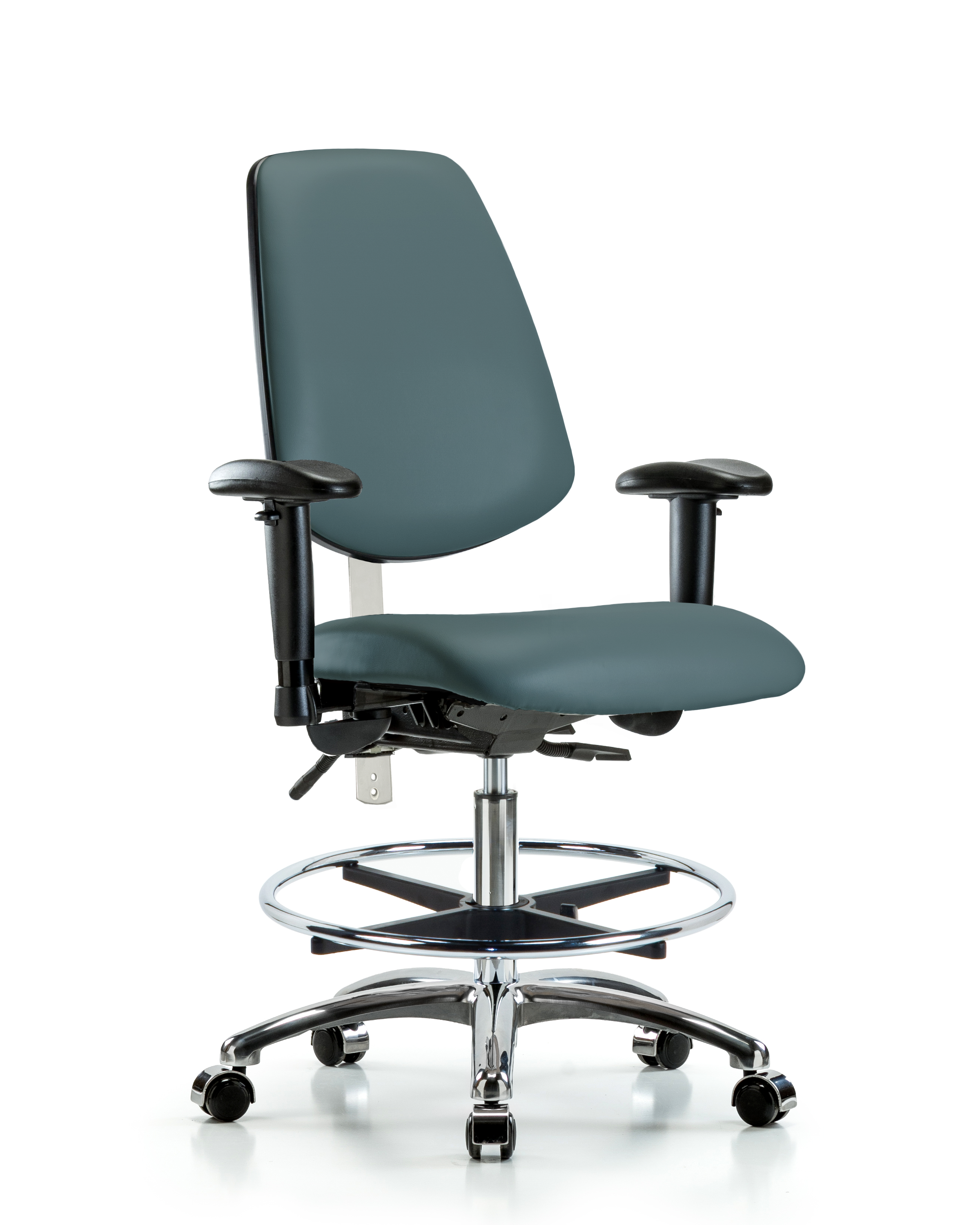 Class 100 Vinyl Clean Room Chair - Medium Bench Height with Medium Back, Seat Tilt, Adjustable Arms, Chrome Foot Ring, & Casters in Black Trailblazer Vinyl
