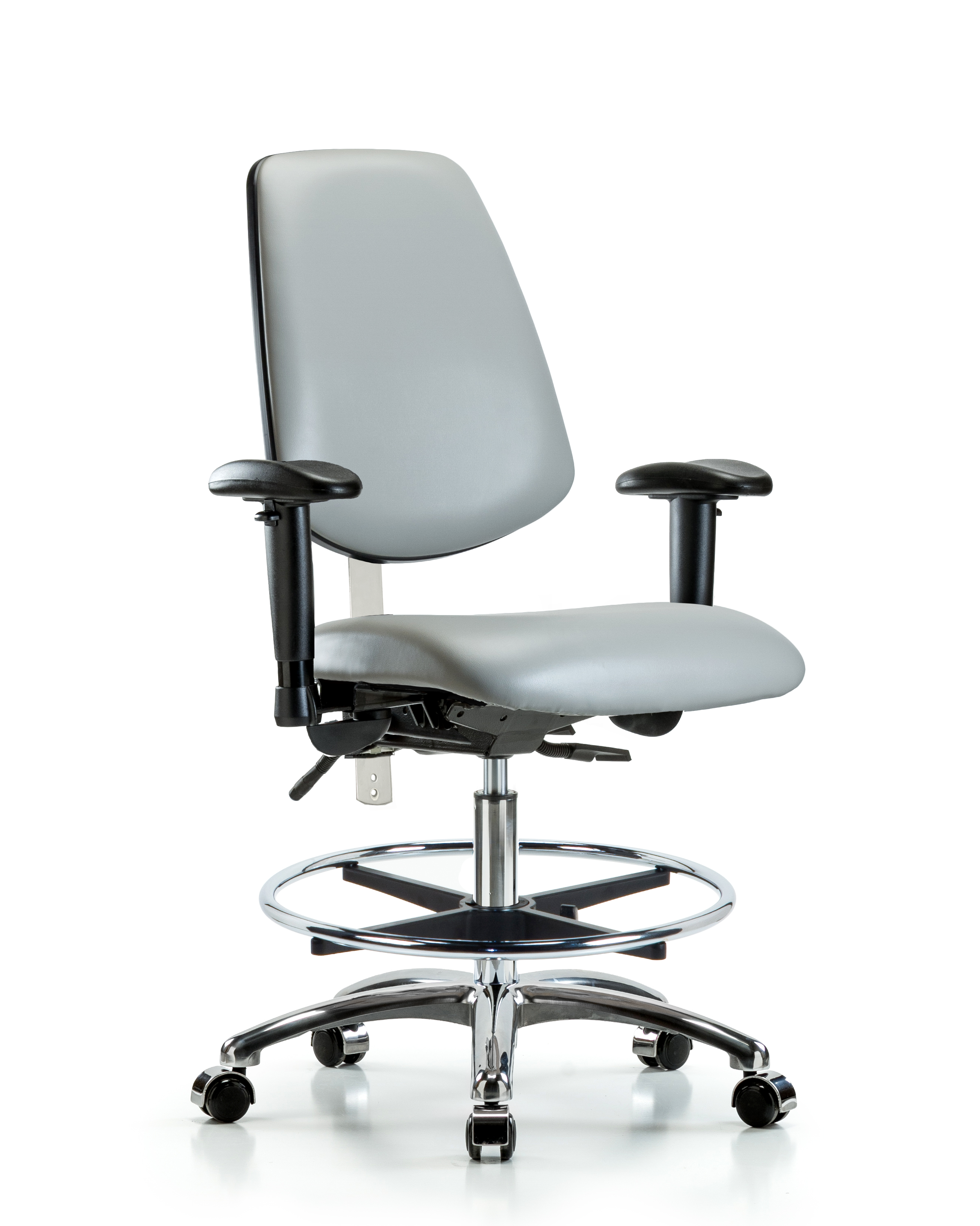 Class 100 Vinyl Clean Room Chair - Medium Bench Height with Medium Back, Seat Tilt, Adjustable Arms, Chrome Foot Ring, & Casters in Dove Trailblazer Vinyl