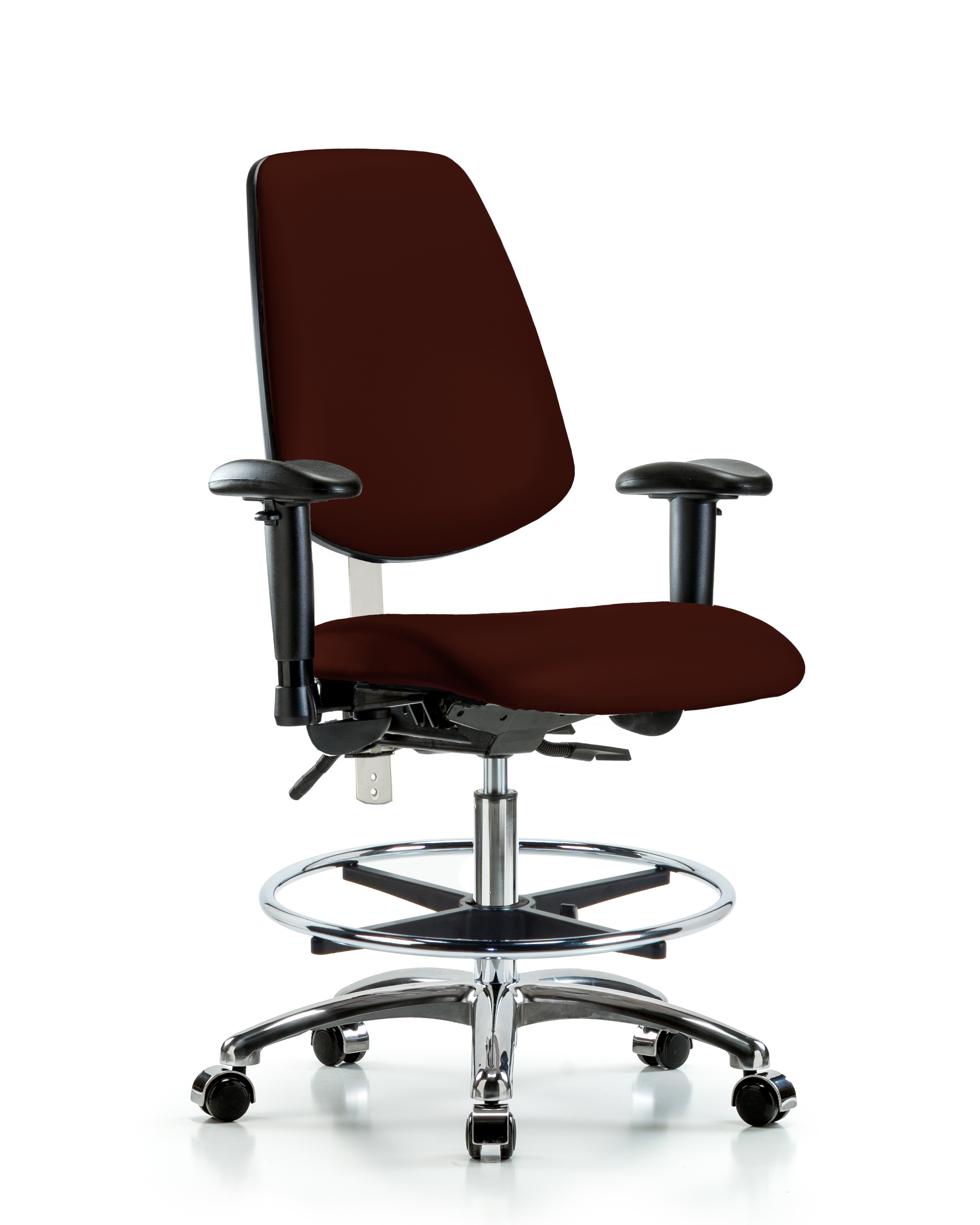 Class 100 Vinyl Clean Room Chair - Medium Bench Height with Medium Back, Seat Tilt, Adjustable Arms, Chrome Foot Ring, & Casters in Dove Trailblazer Vinyl