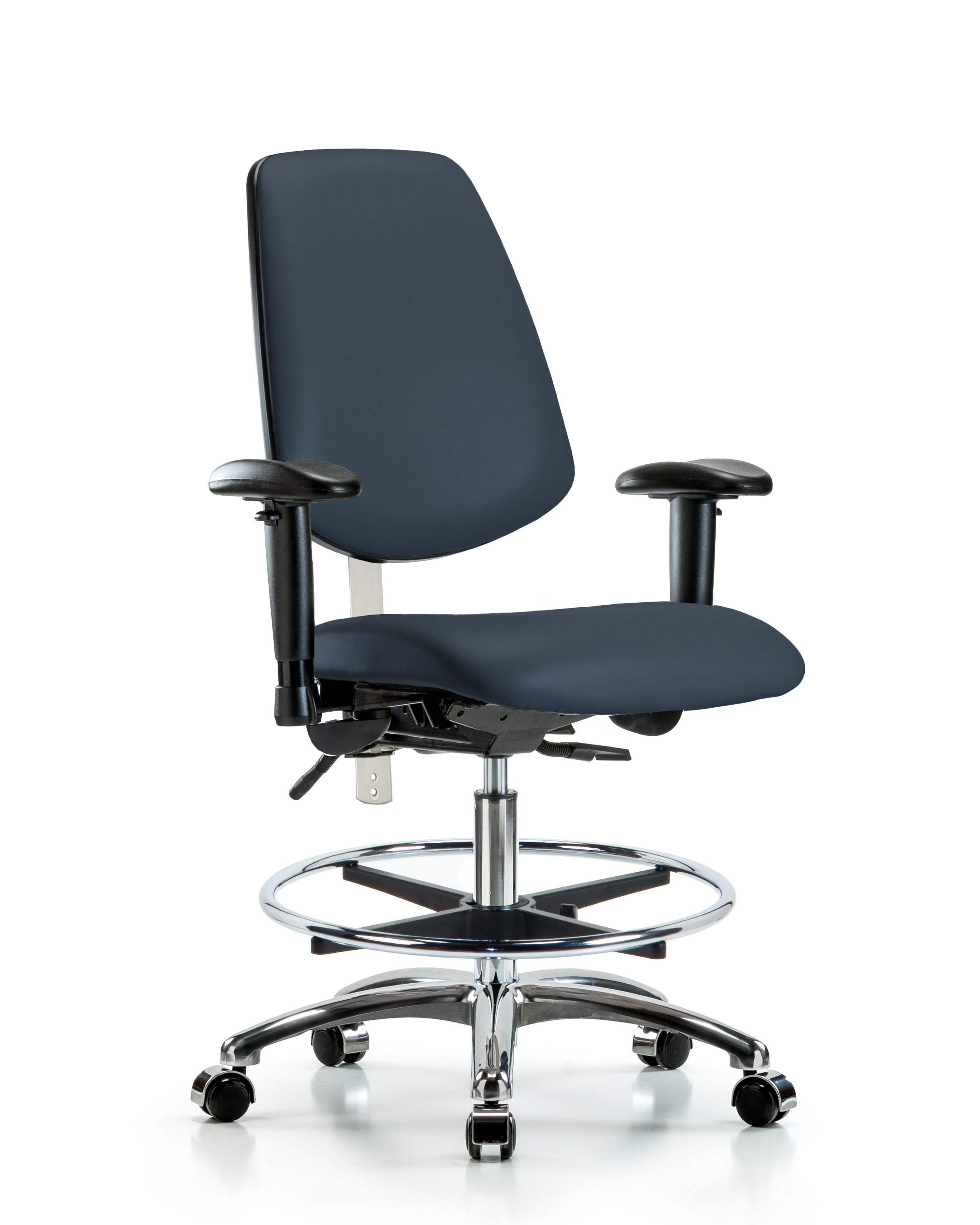 CL100 Vinyl Clean Room Chair - Medium Bench Height with Medium Back, Seat Tilt, Adjustable Arms, Chrome Foot Ring, & Casters in Imperial Blue Trailblazer Vinyl