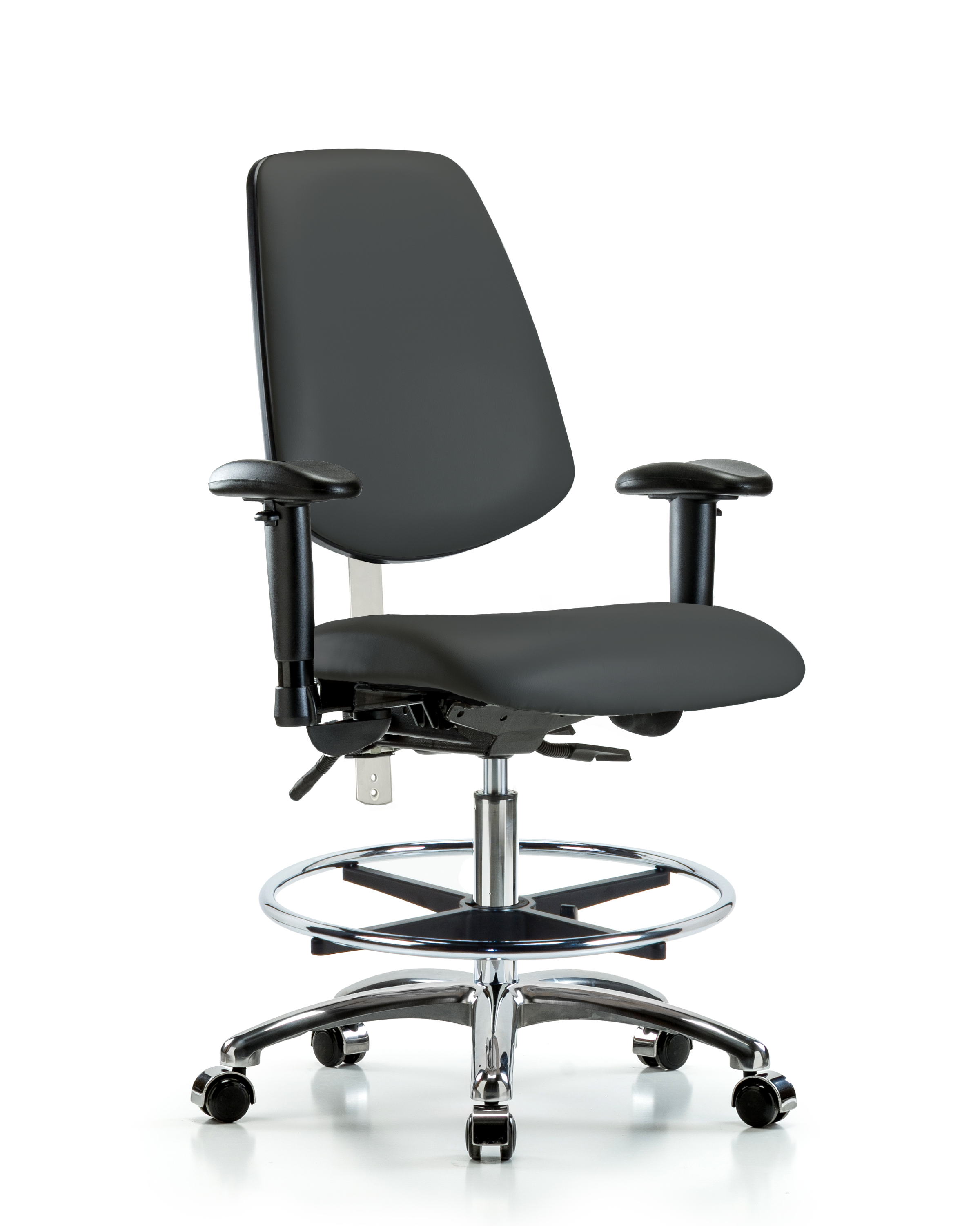 Class 100 Vinyl Clean Room Chair - Medium Bench Height with Medium Back, Seat Tilt, Adjustable Arms, Chrome Foot Ring, & Casters in Charcoal Trailblazer Vinyl