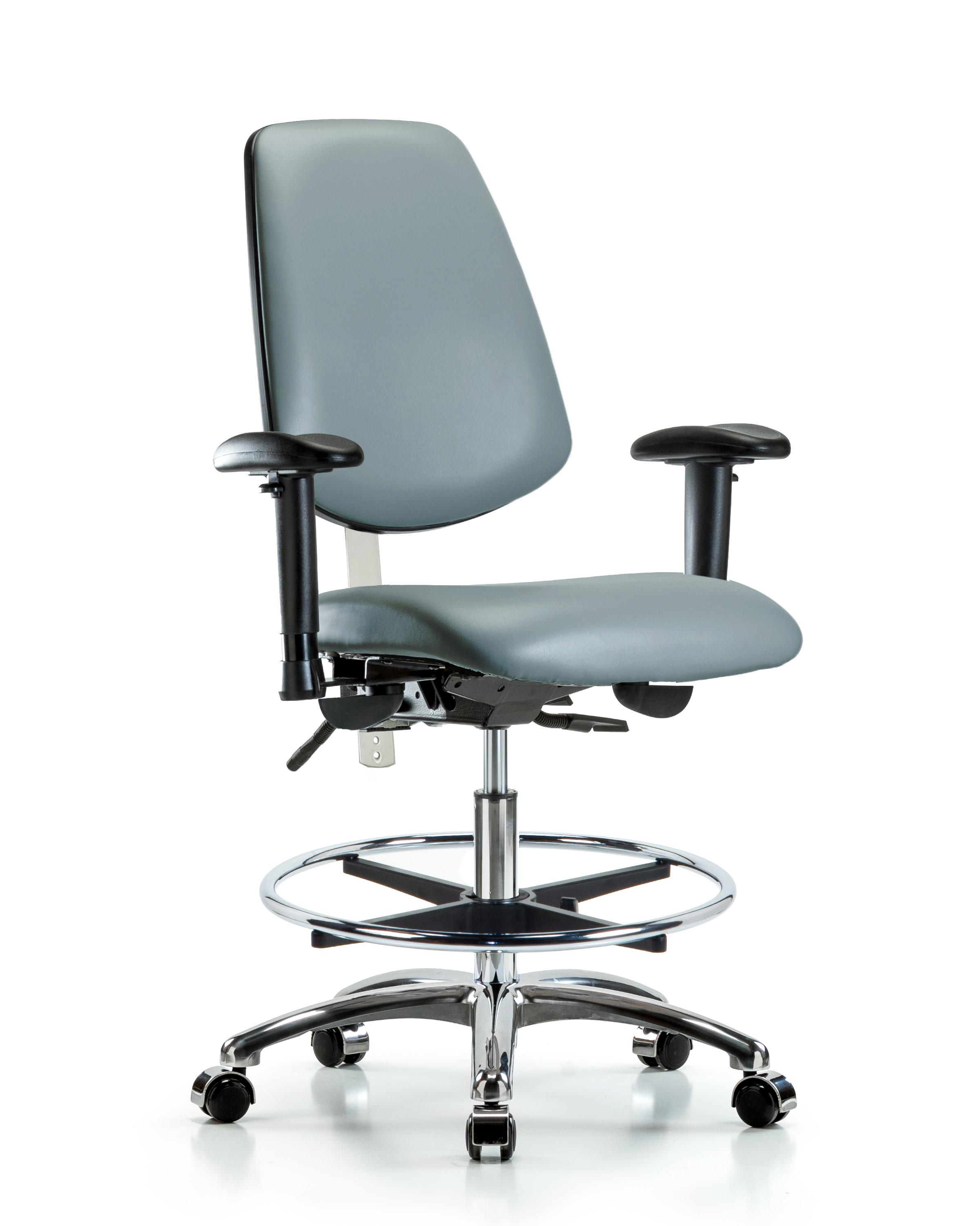 Class 100 Vinyl Clean Room Chair - Medium Bench Height with Medium Back, Seat Tilt, Adjustable Arms, Chrome Foot Ring, & Casters in Storm Supernova Vinyl