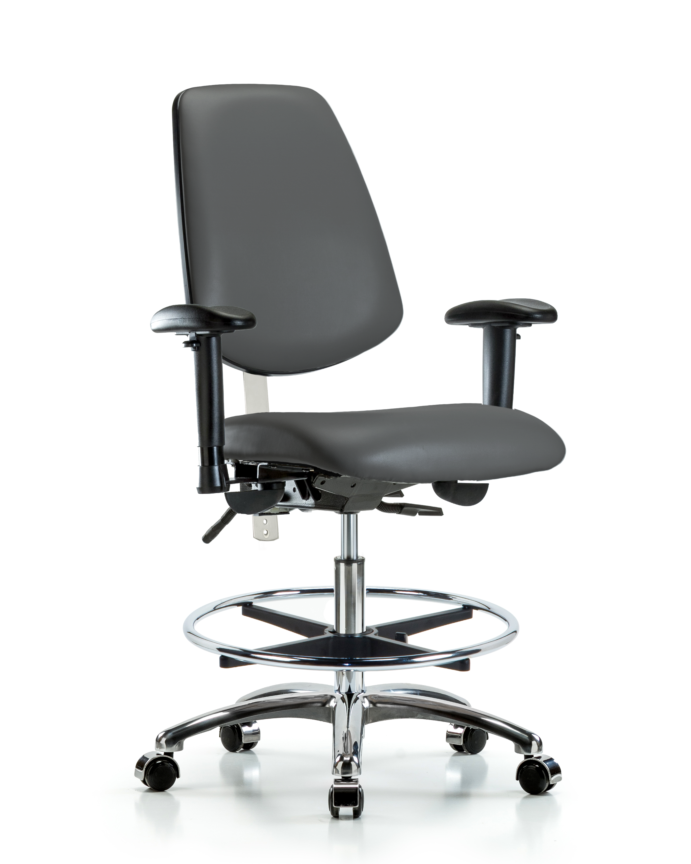 Class 100 Vinyl Clean Room Chair - Medium Bench Height with Medium Back, Seat Tilt, Adjustable Arms, Chrome Foot Ring, & Casters in Storm Supernova Vinyl