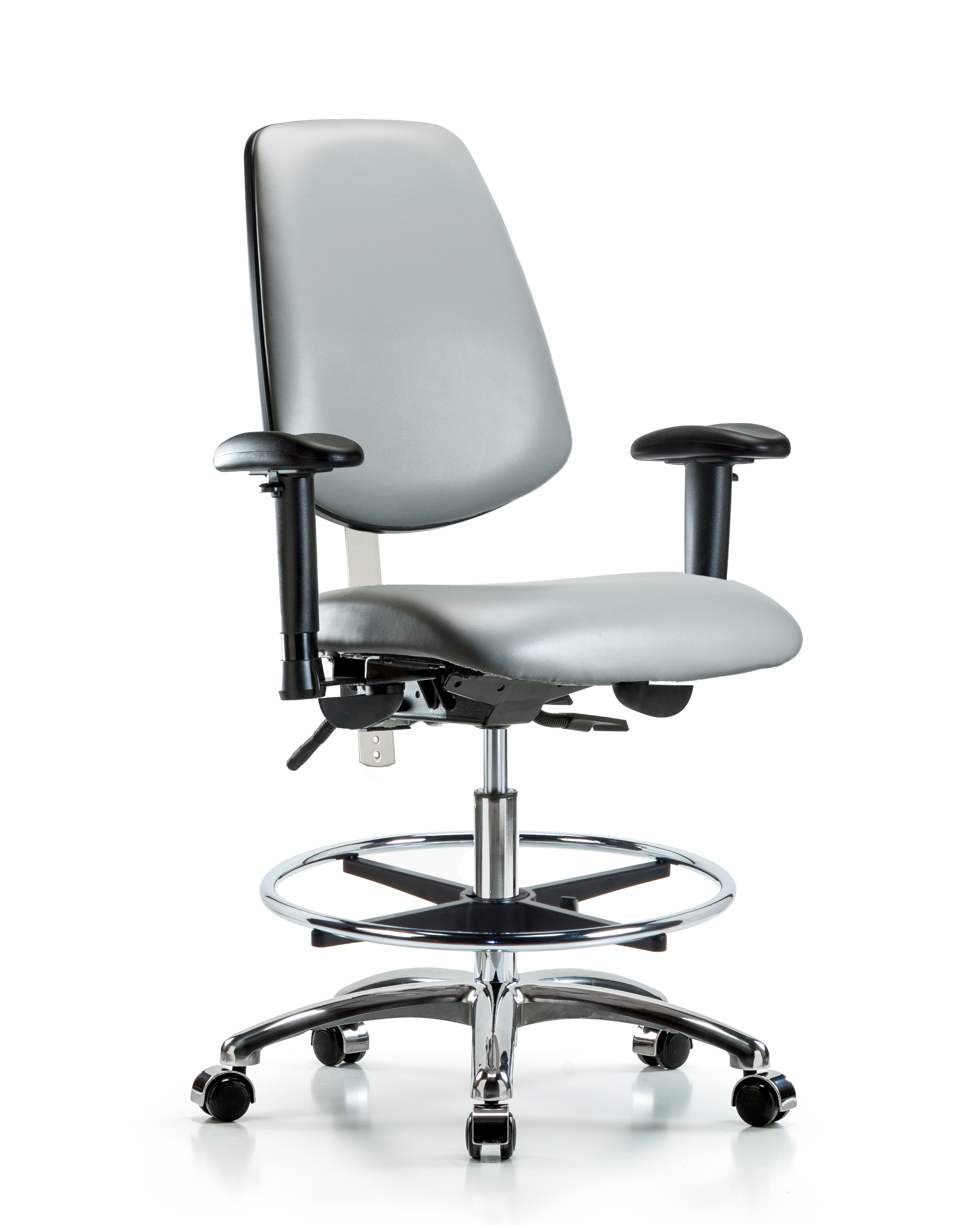 Class 100 Vinyl Clean Room Chair - Medium Bench Height with Medium Back, Seat Tilt, Adjustable Arms, Chrome Foot Ring, & Casters in Sterling Supernova Vinyl