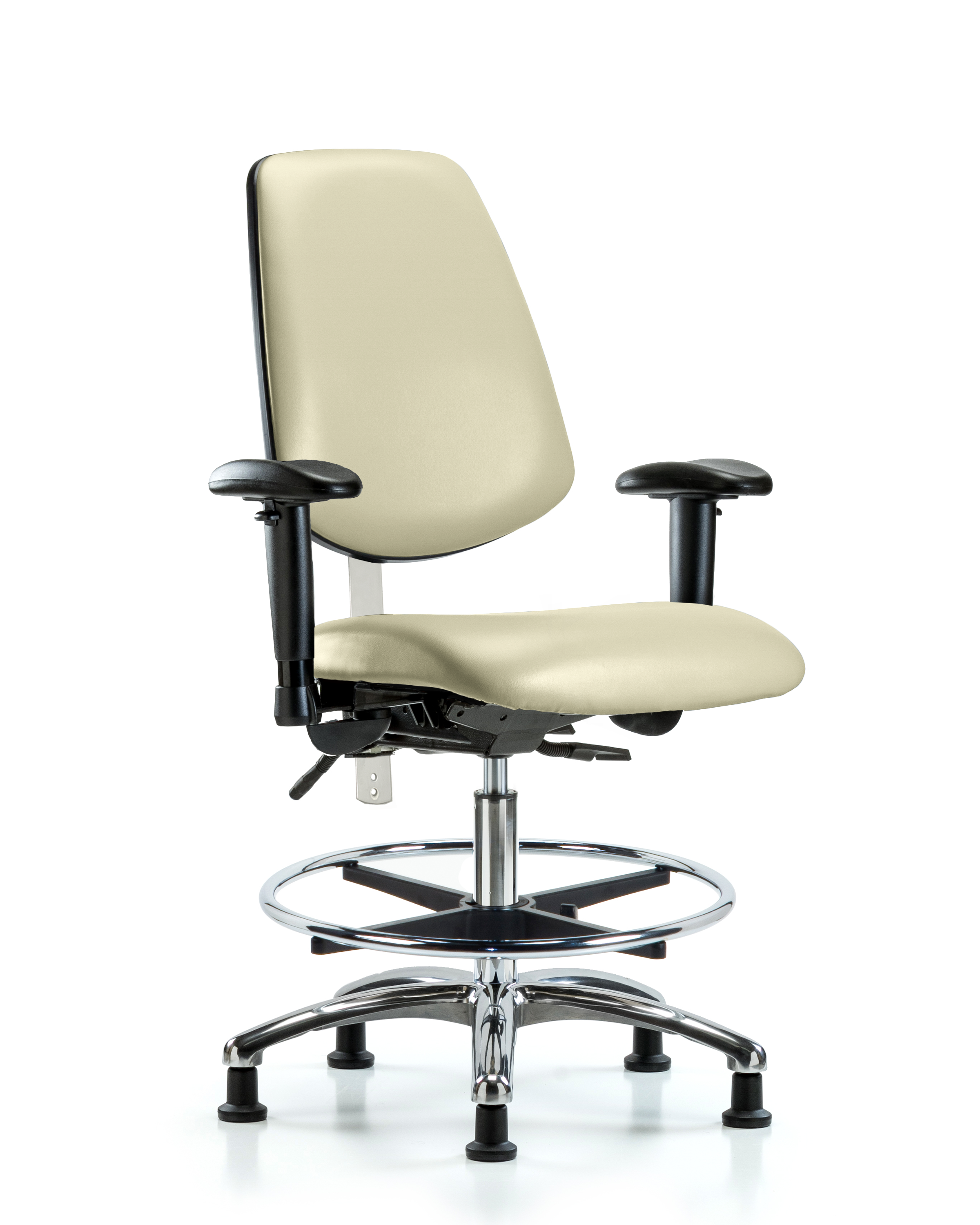 CL100 Vinyl Clean Room Chair - Medium Bench Height with Medium Back, Seat Tilt, Adj Arms, Chrome Foot Ring, & Stationary Glides in Adobe White Trailblazer Vinyl