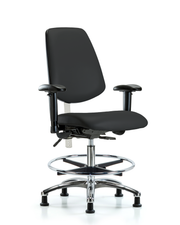 CL100 Vinyl Clean Room Chair - Medium Bench Height with Medium Back, Seat Tilt, Adj Arms, Chrome Foot Ring, & Stationary Glides in Black Trailblazer Vinyl