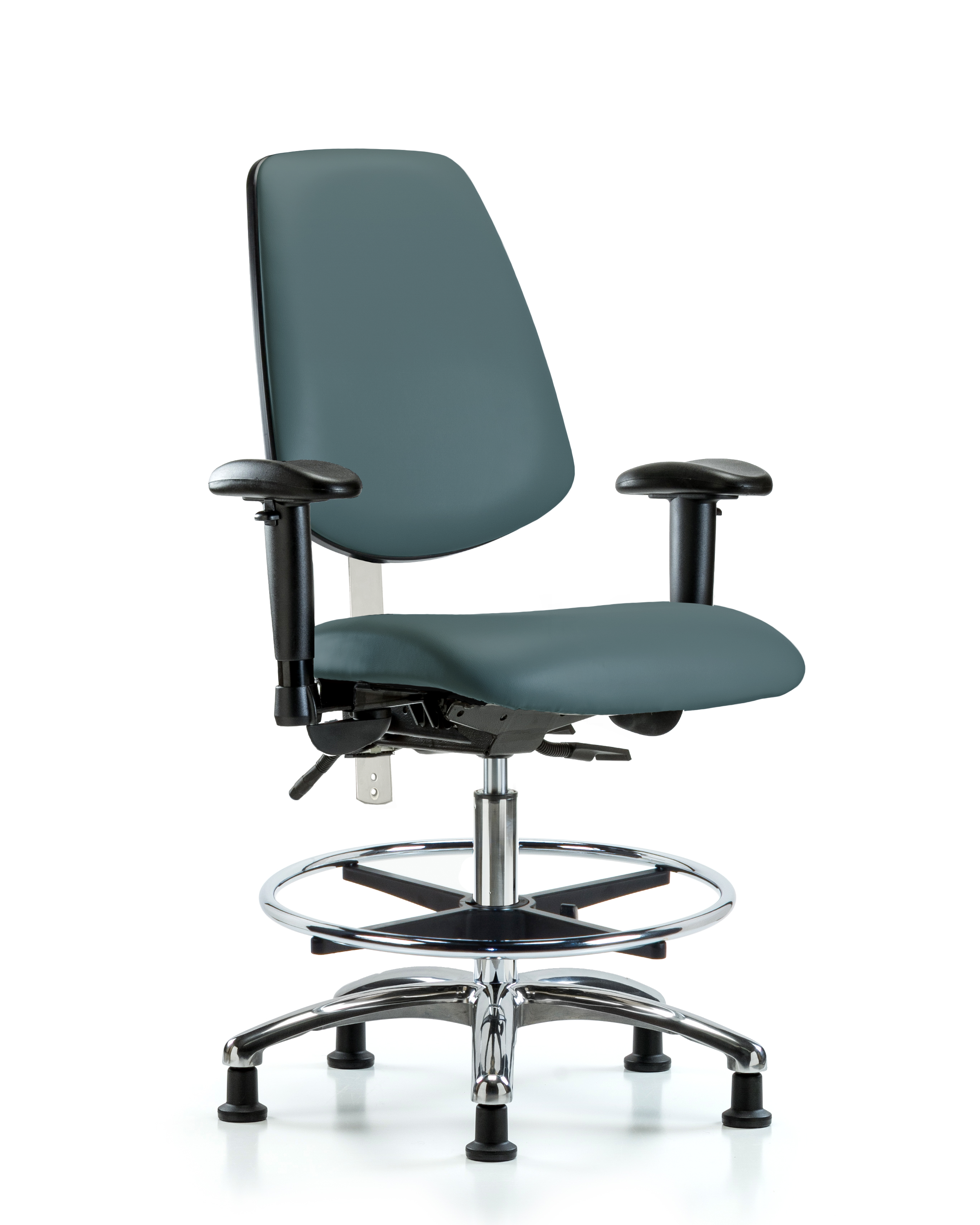 CL100 Vinyl Clean Room Chair - Medium Bench Height with Medium Back, Seat Tilt, Adj Arms, Chrome Foot Ring, & Stationary Glides in Black Trailblazer Vinyl
