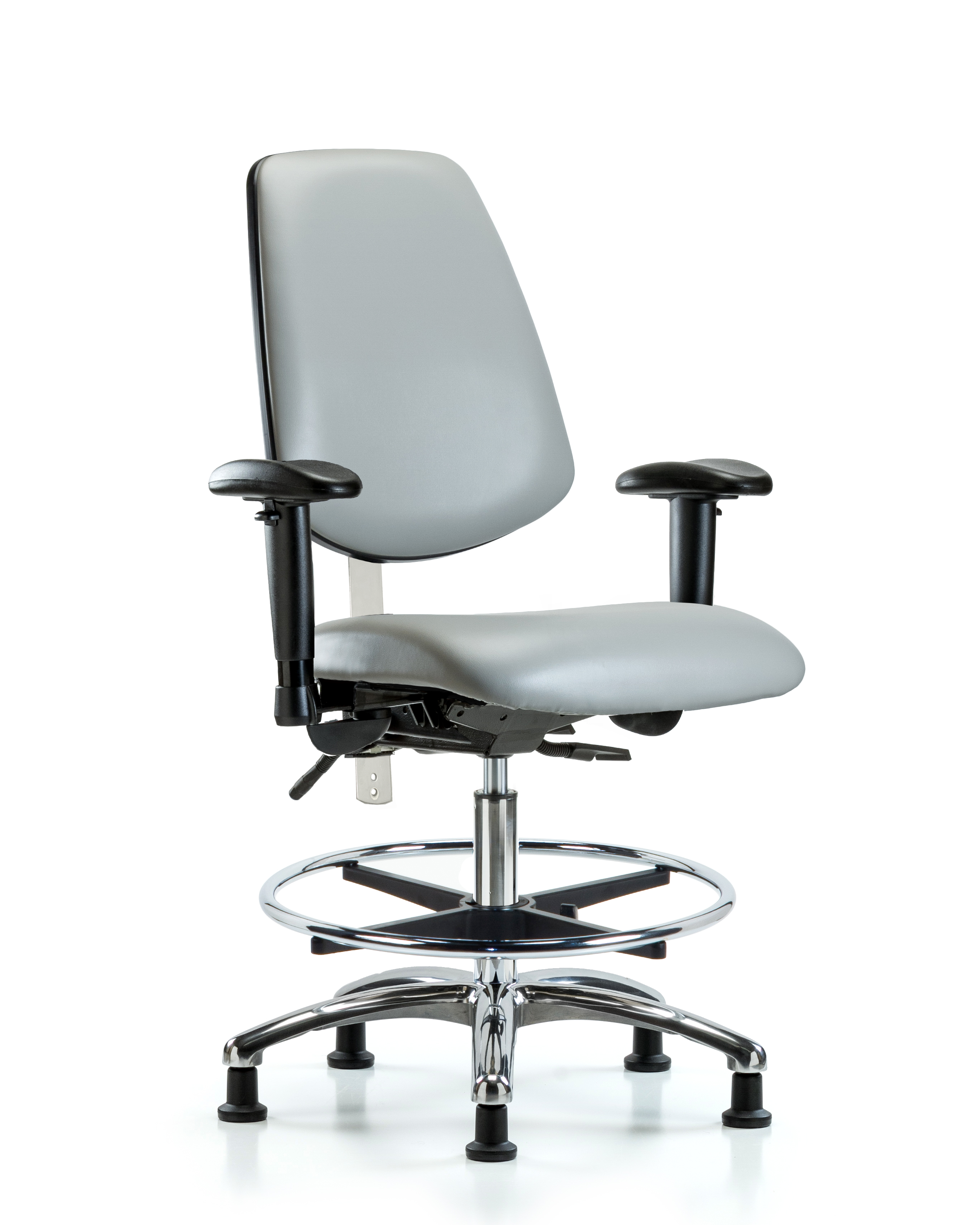 CL100 Vinyl Clean Room Chair - Medium Bench Height with Medium Back, Seat Tilt, Adjustable Arms, Chrome Foot Ring, & Stationary Glides in Dove Trailblazer Vinyl