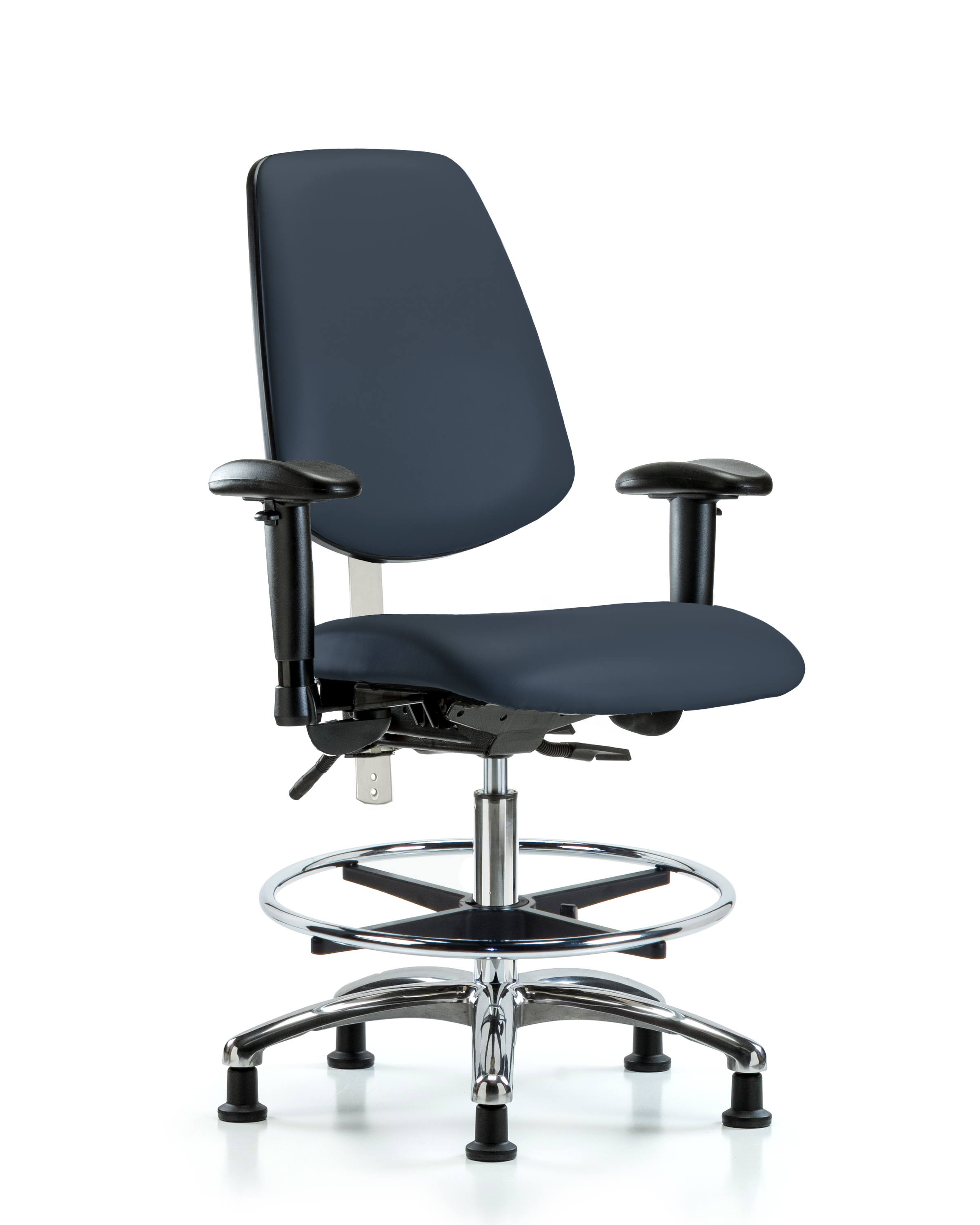 CL100 Vinyl Clean Room Chair - Medium Bench Height w/ Medium Back, Seat Tilt, Adj Arms, Chrome Foot Ring, & Stationary Glides in Imperial Blue Trailblazer Vinyl