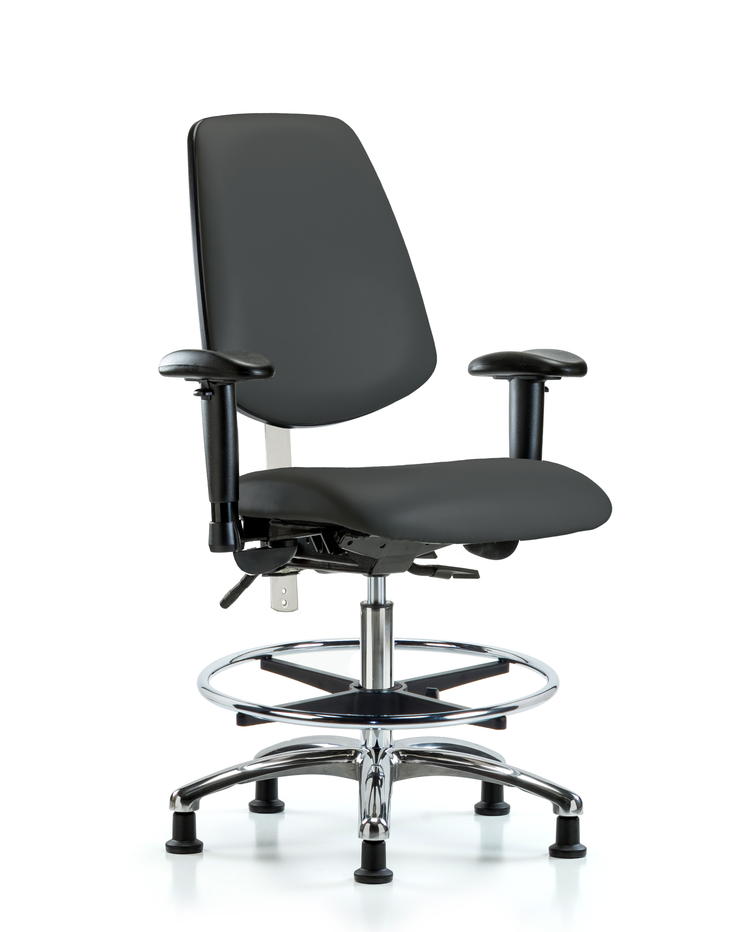 CL100 Vinyl Clean Room Chair - Medium Bench Height with Medium Back, Seat Tilt, Adj Arms, Chrome Foot Ring, & Stationary Glides in Charcoal Trailblazer Vinyl