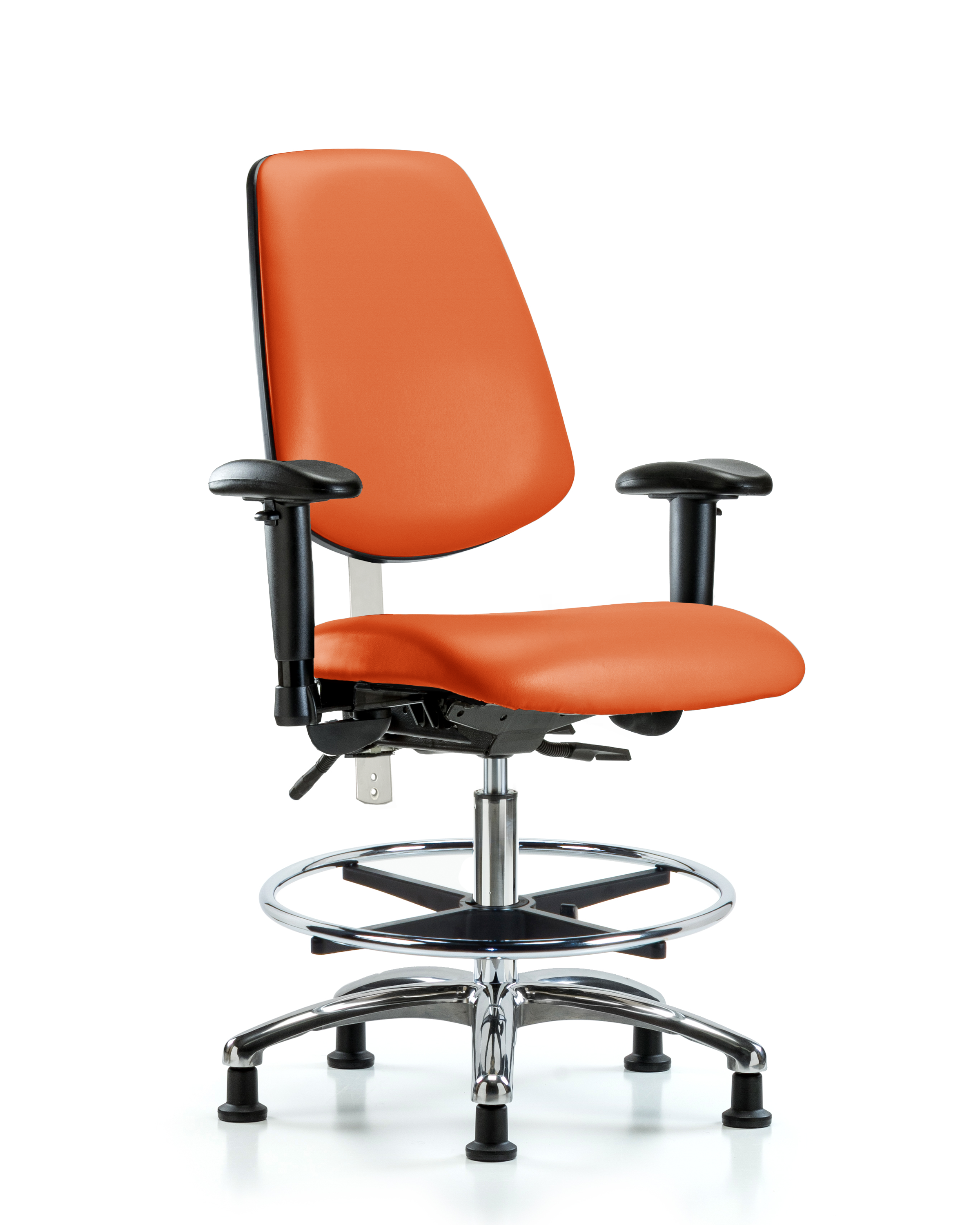 CL100 Vinyl Clean Room Chair - Medium Bench Height with Medium Back, Seat Tilt, Adj Arms, Chrome Foot Ring, & Stationary Glides in Orange Kist Trailblazer Vinyl