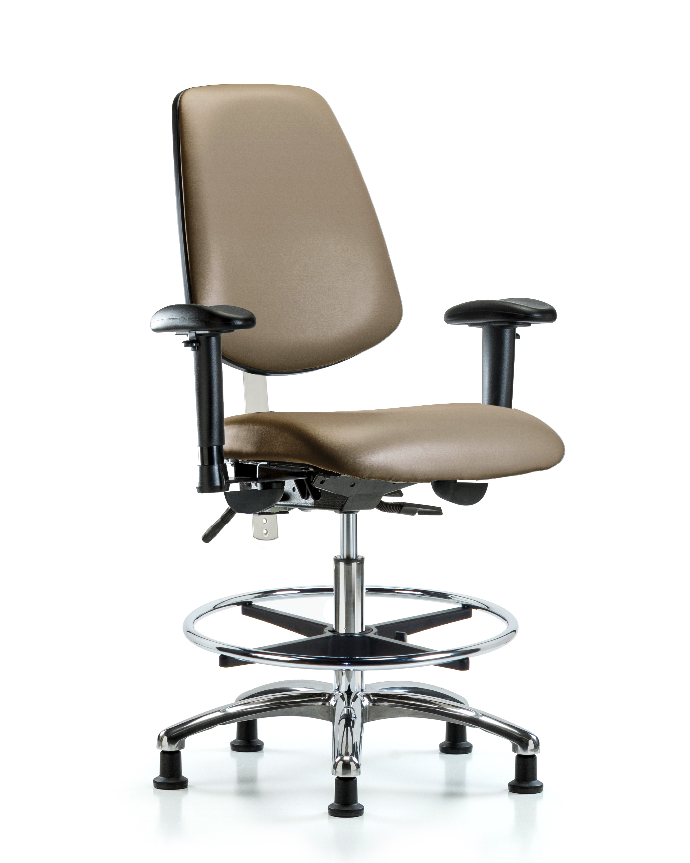 CL100 Vinyl Clean Room Chair - Medium Bench Height with Medium Back, Seat Tilt, Adj Arms, Chrome Foot Ring, & Stationary Glides in Marine Blue Supernova Vinyl