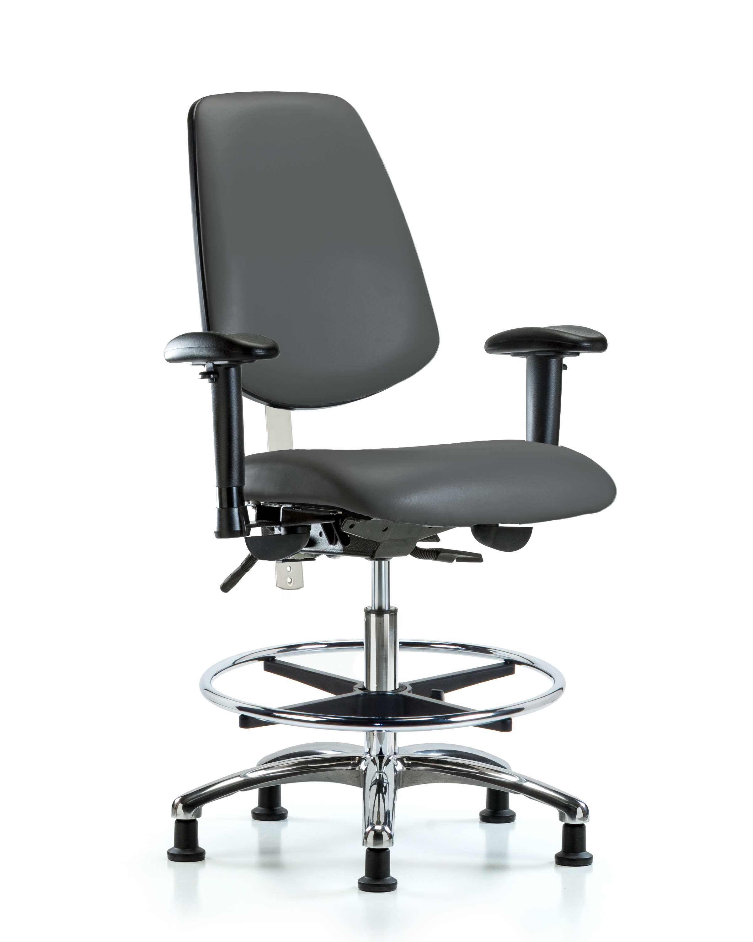 CL100 Vinyl Clean Room Chair - Medium Bench Height with Medium Back, Seat Tilt, Adjustable Arms, Chrome Foot Ring, & Stationary Glides in Storm Supernova Vinyl