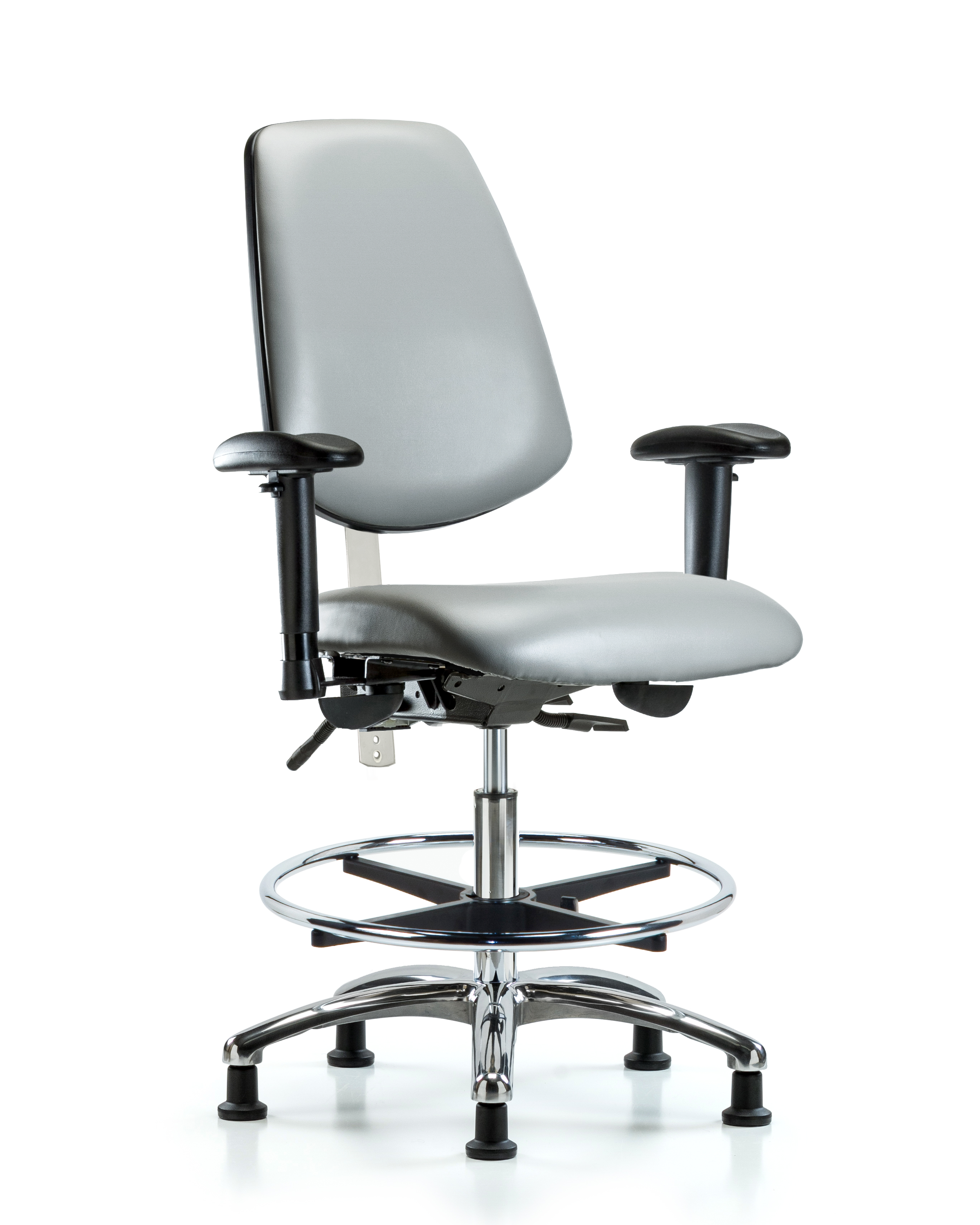 CL100 Vinyl Clean Room Chair - Medium Bench Height with Medium Back, Seat Tilt, Adj Arms, Chrome Foot Ring, & Stationary Glides in Sterling Supernova Vinyl