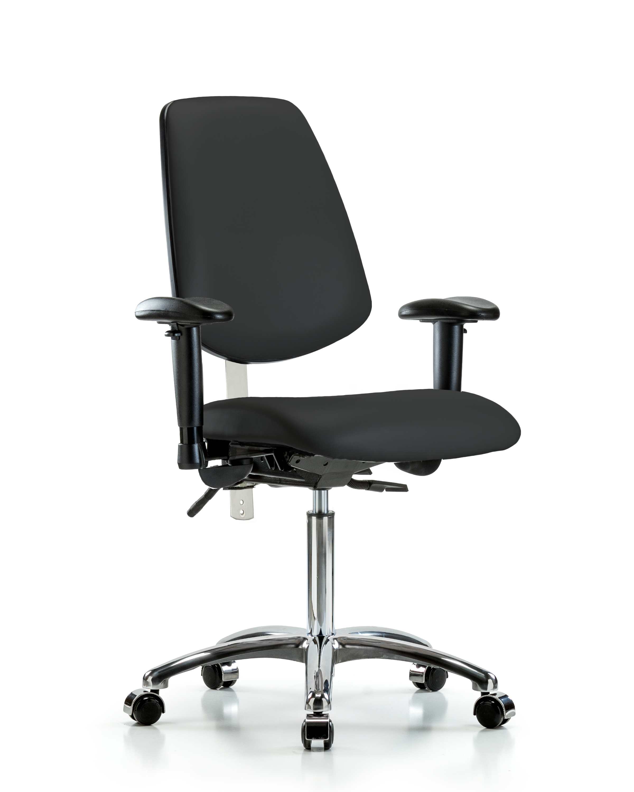Class 100 Vinyl Clean Room Chair - Medium Bench Height with Medium Back, Seat Tilt, Adjustable Arms, & Casters in Black Trailblazer Vinyl