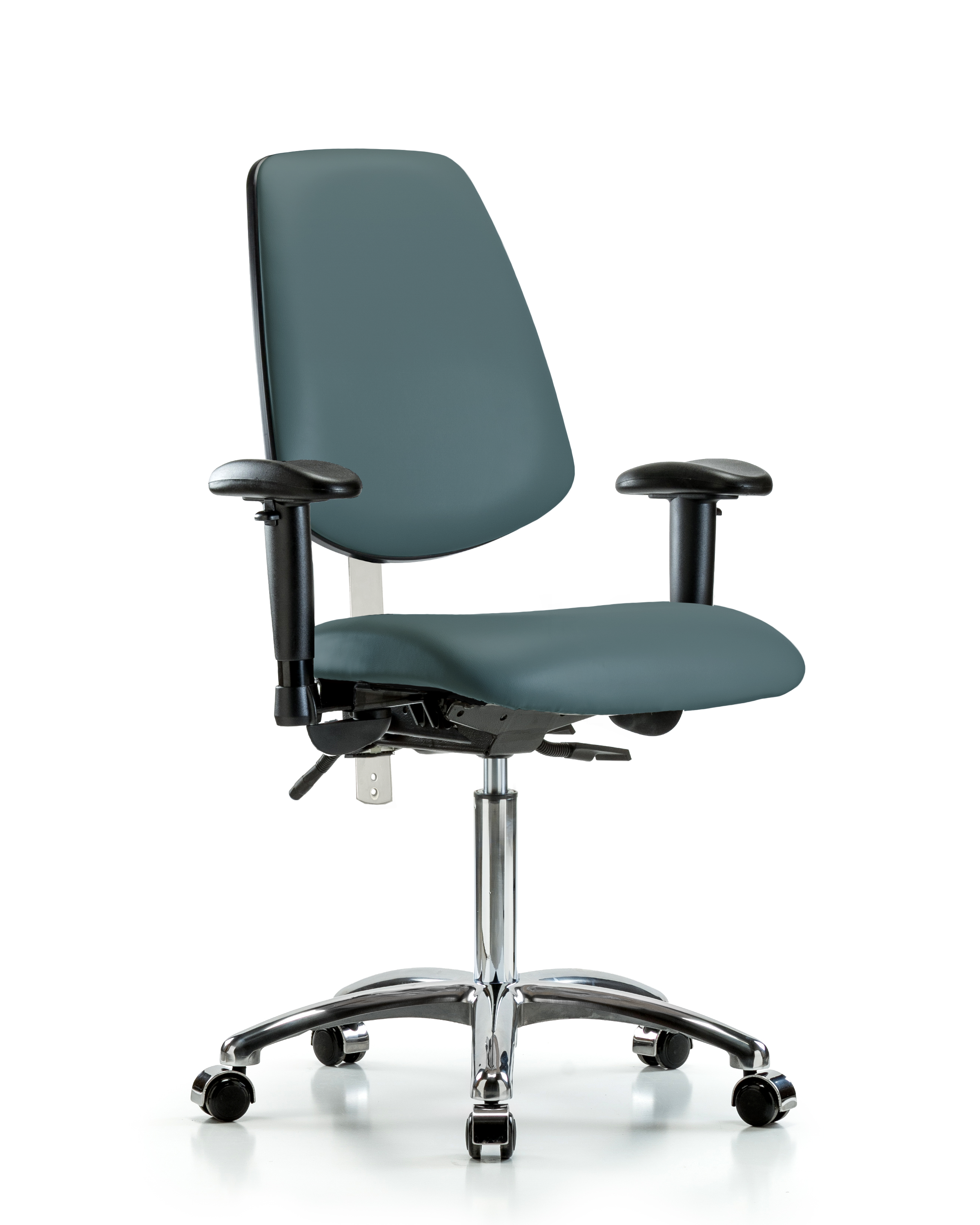 Class 100 Vinyl Clean Room Chair - Medium Bench Height with Medium Back, Seat Tilt, Adjustable Arms, & Casters in Black Trailblazer Vinyl