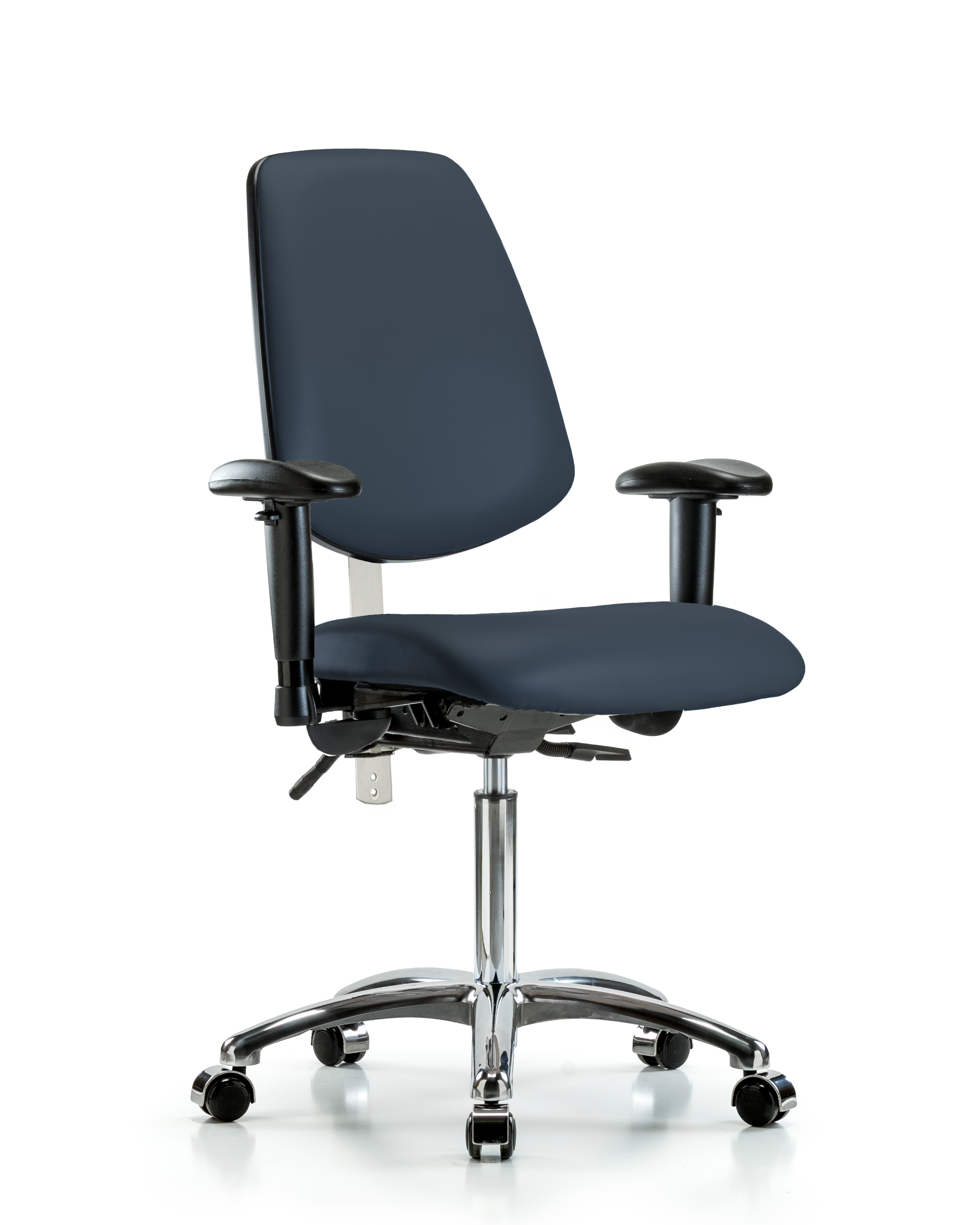 Class 100 Vinyl Clean Room Chair - Medium Bench Height with Medium Back, Seat Tilt, Adjustable Arms, & Casters in Imperial Blue Trailblazer Vinyl