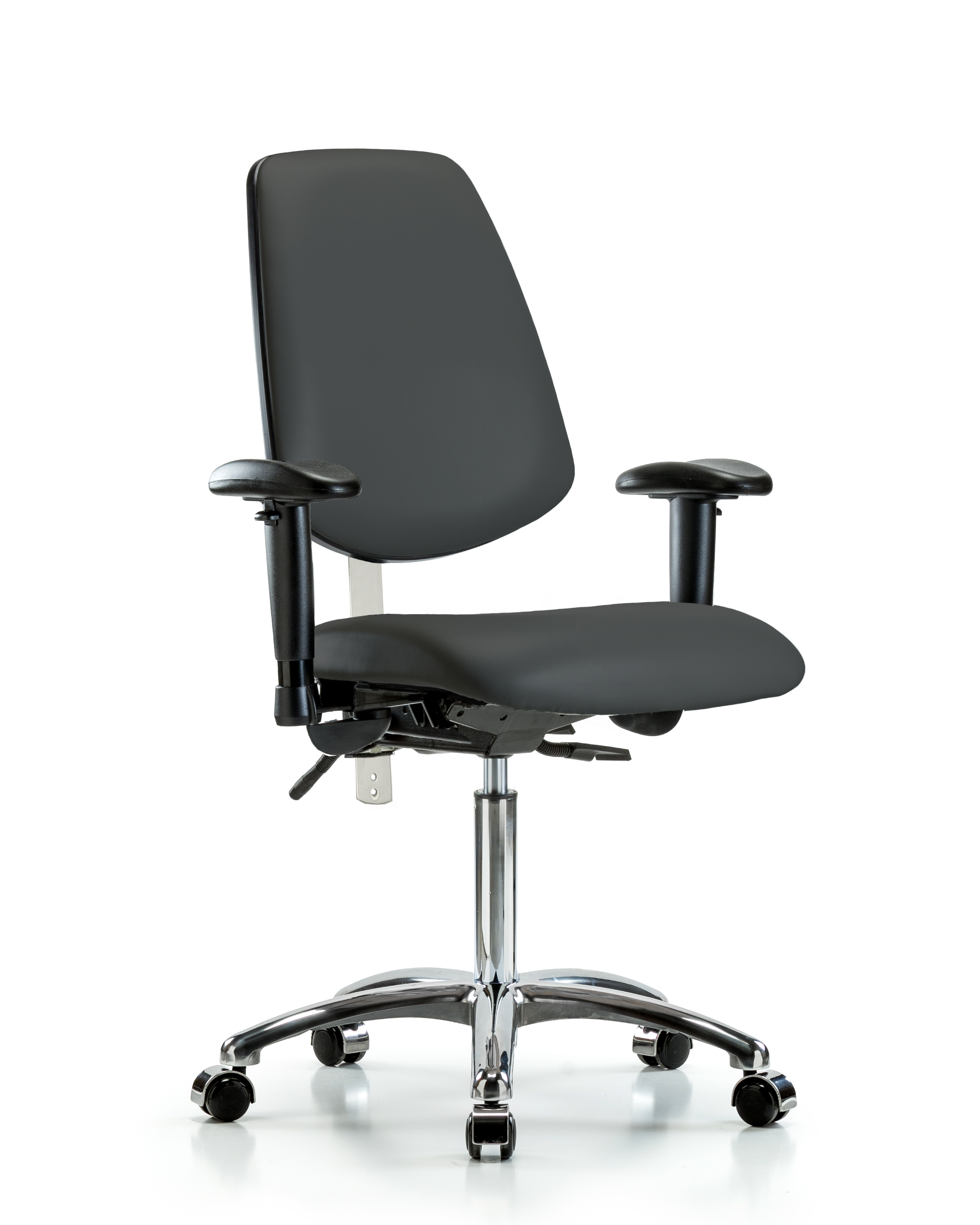 Class 100 Vinyl Clean Room Chair - Medium Bench Height with Medium Back, Seat Tilt, Adjustable Arms, & Casters in Charcoal Trailblazer Vinyl