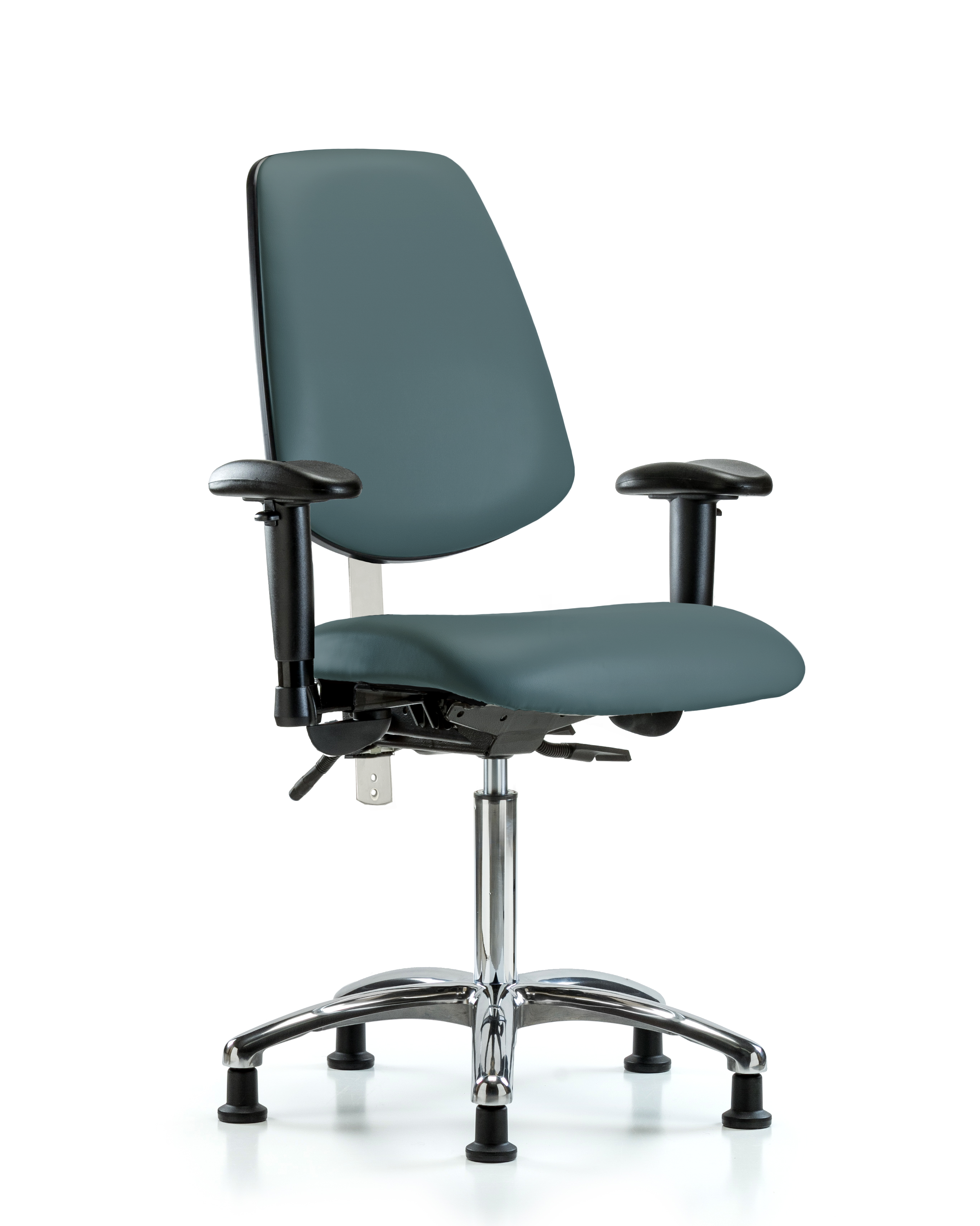 Class 100 Vinyl Clean Room Chair - Medium Bench Height with Medium Back, Seat Tilt, Adjustable Arms, & Stationary Glides in Black Trailblazer Vinyl