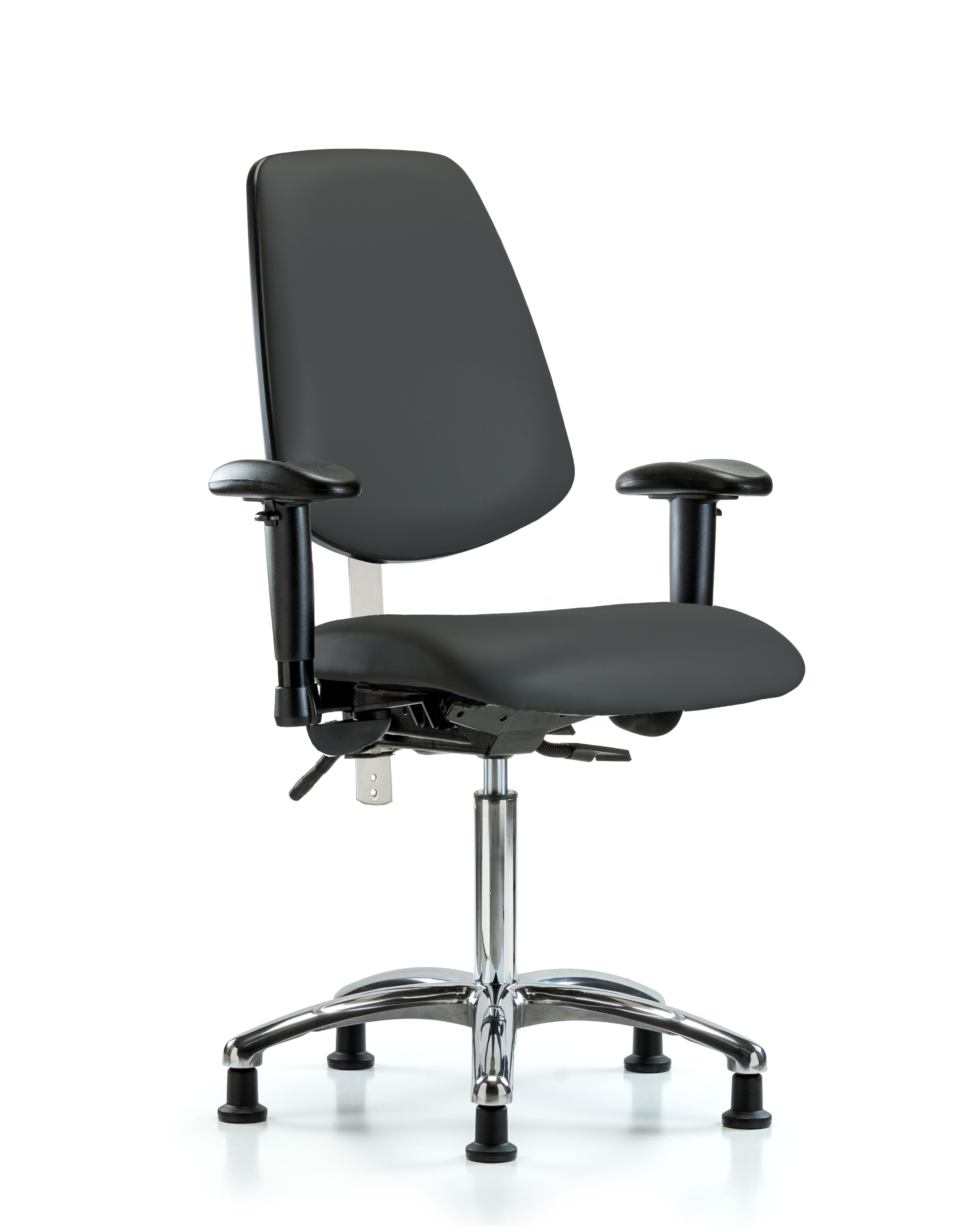 Class 100 Vinyl Clean Room Chair - Medium Bench Height with Medium Back, Seat Tilt, Adjustable Arms, & Stationary Glides in Charcoal Trailblazer Vinyl