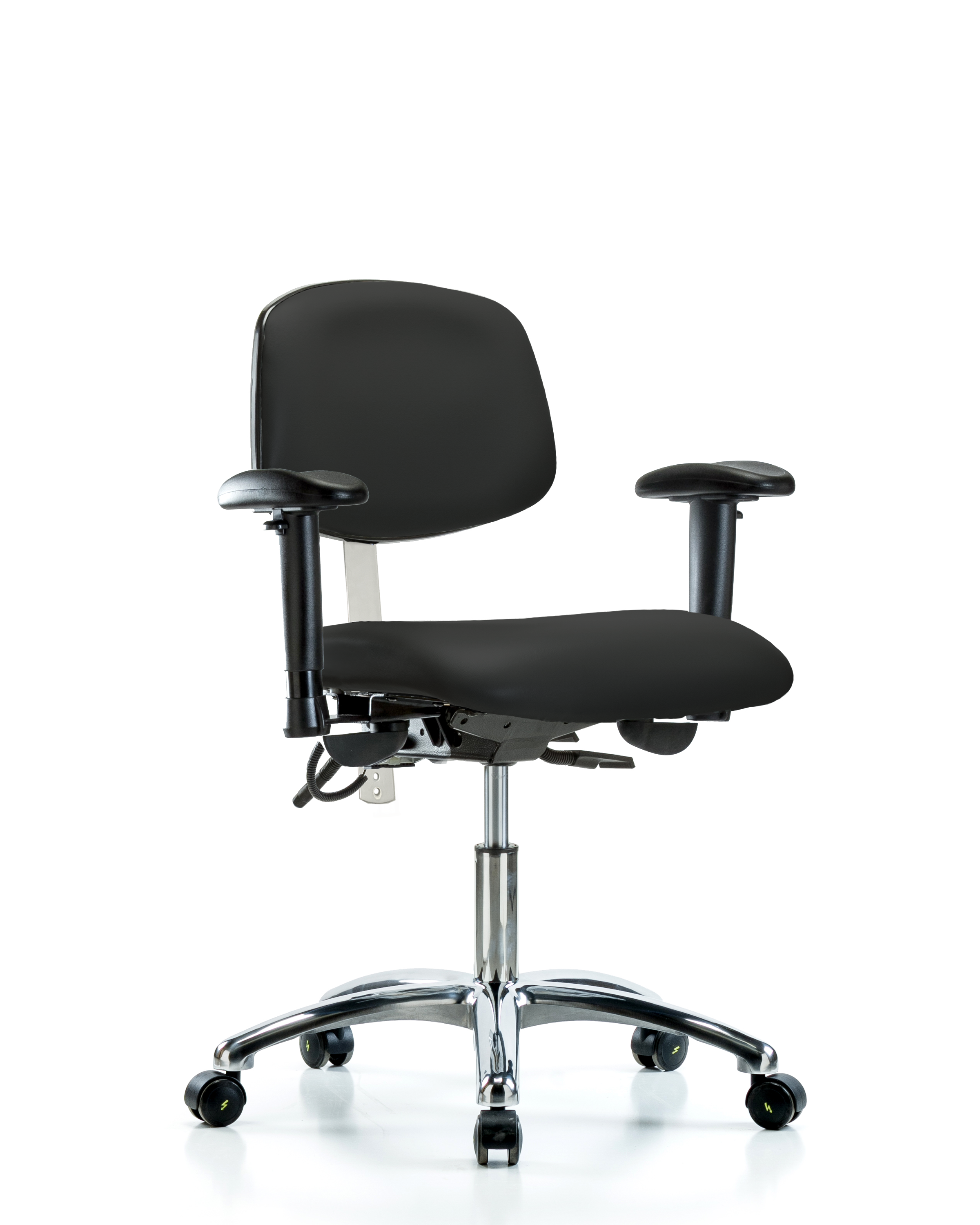 Class 100 Vinyl Clean Room/ESD Chair - Desk Height with Adjustable Arms & ESD Casters in Black ESD Vinyl