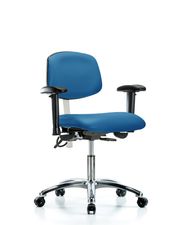 Class 100 Vinyl Clean Room/ESD Chair - Desk Height with Adjustable Arms & ESD Casters in Blue ESD Vinyl