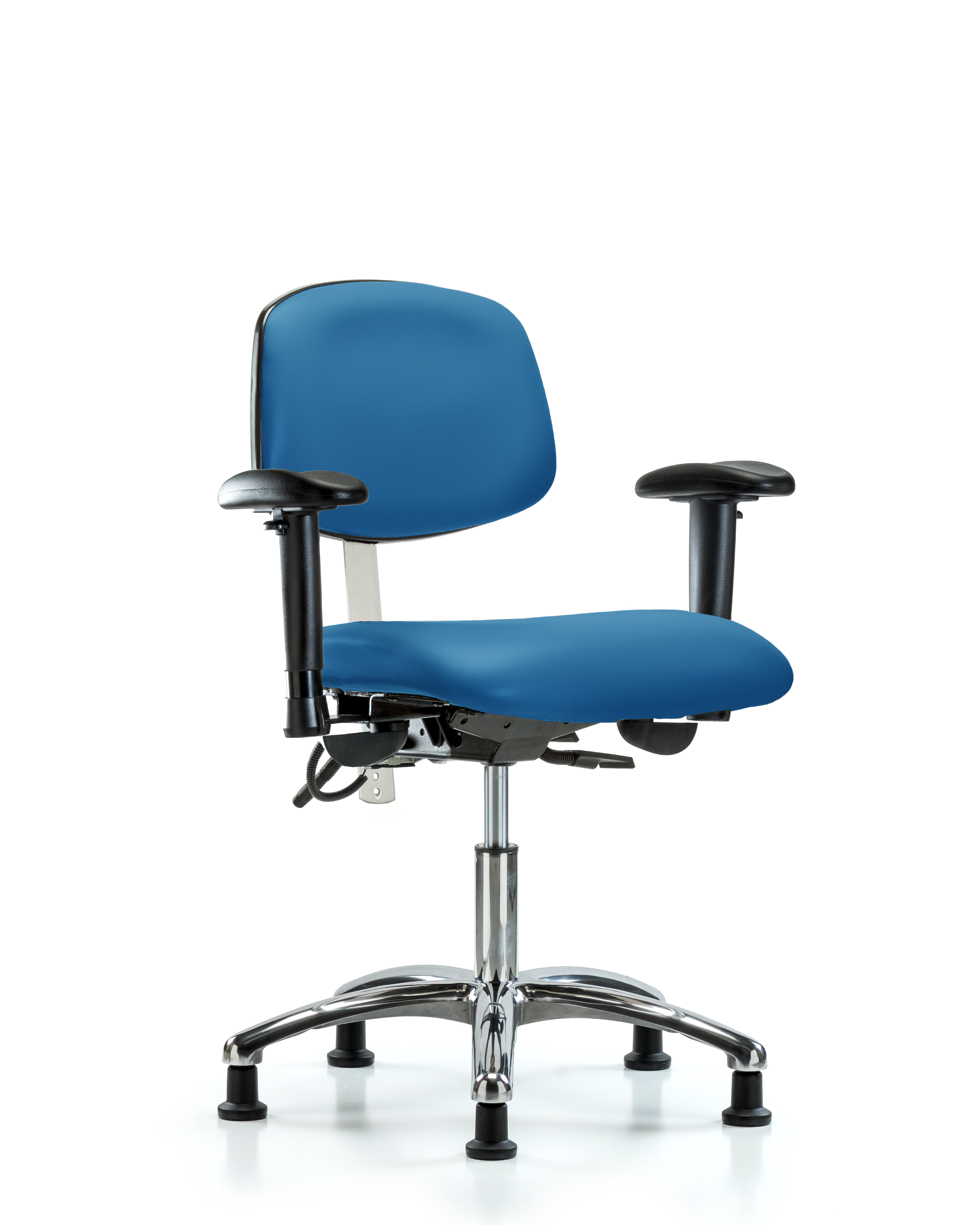 Class 100 Vinyl Clean Room/ESD Chair - Desk Height with Adjustable Arms & ESD Stationary Glides in Blue ESD Vinyl