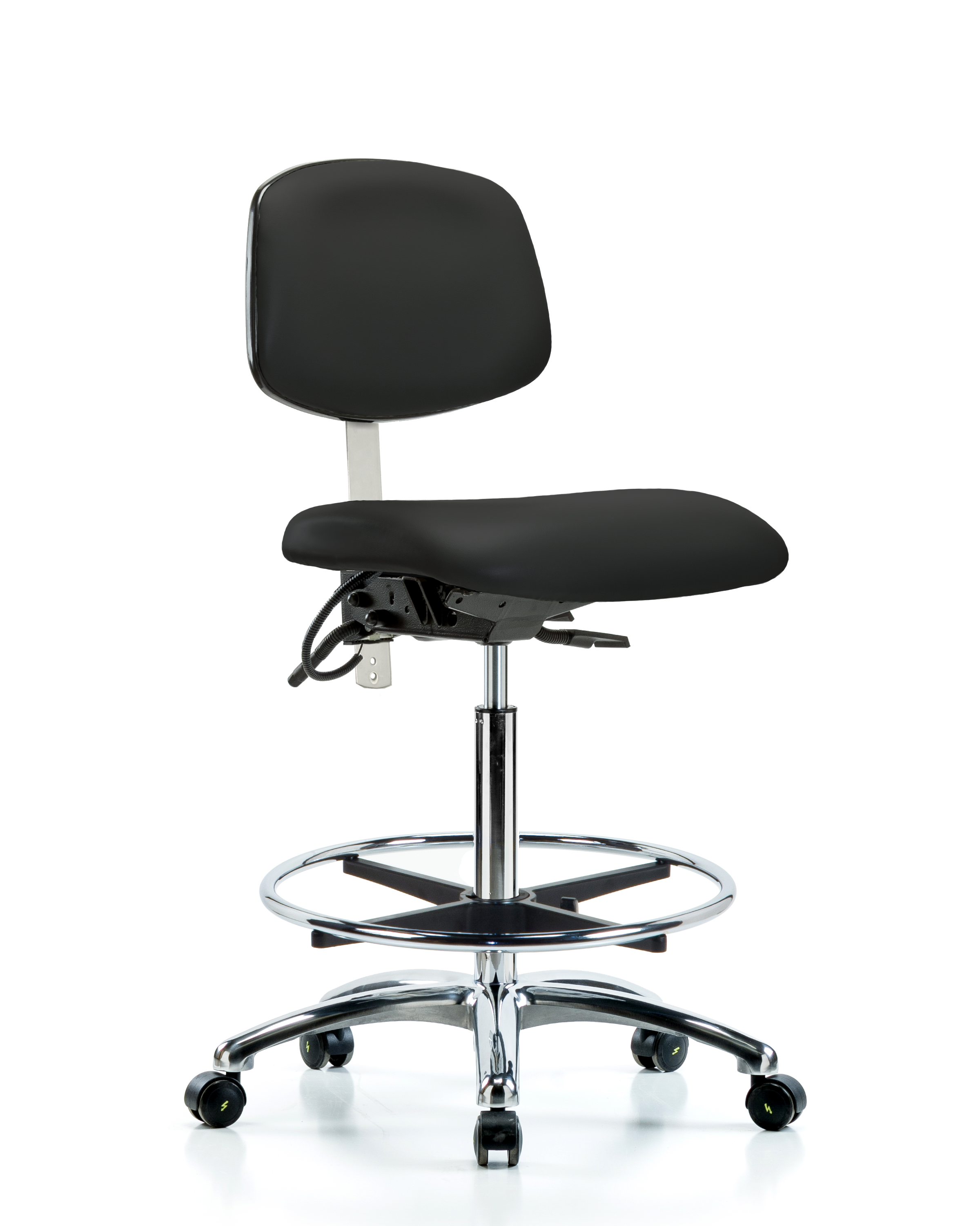 Class 100 Vinyl Clean Room/ESD Chair - High Bench Height with Chrome Foot Ring & ESD Casters in Black ESD Vinyl