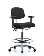 Class 100 Vinyl Clean Room/ESD Chair - High Bench Height with Adjustable Arms, Chrome Foot Ring, & ESD Casters in Blue ESD Vinyl