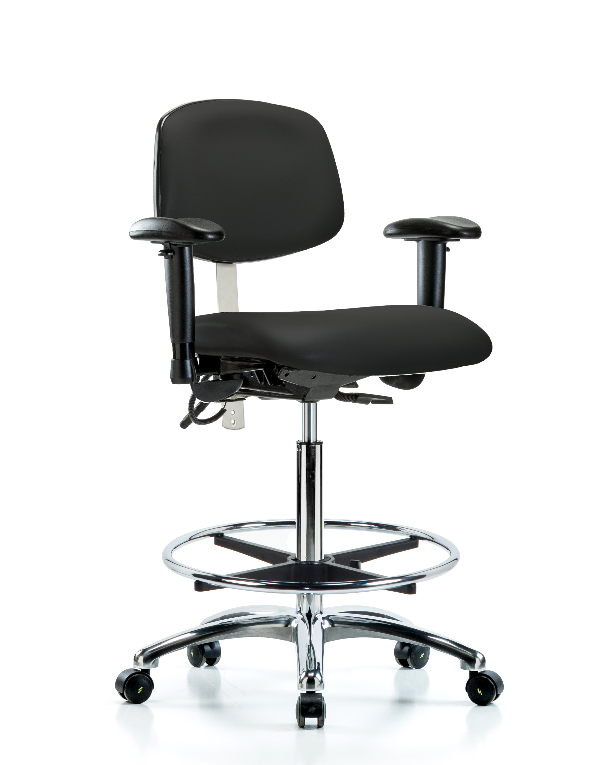 Class 100 Vinyl Clean Room/ESD Chair - High Bench Height with Adjustable Arms, Chrome Foot Ring, & ESD Casters in Blue ESD Vinyl