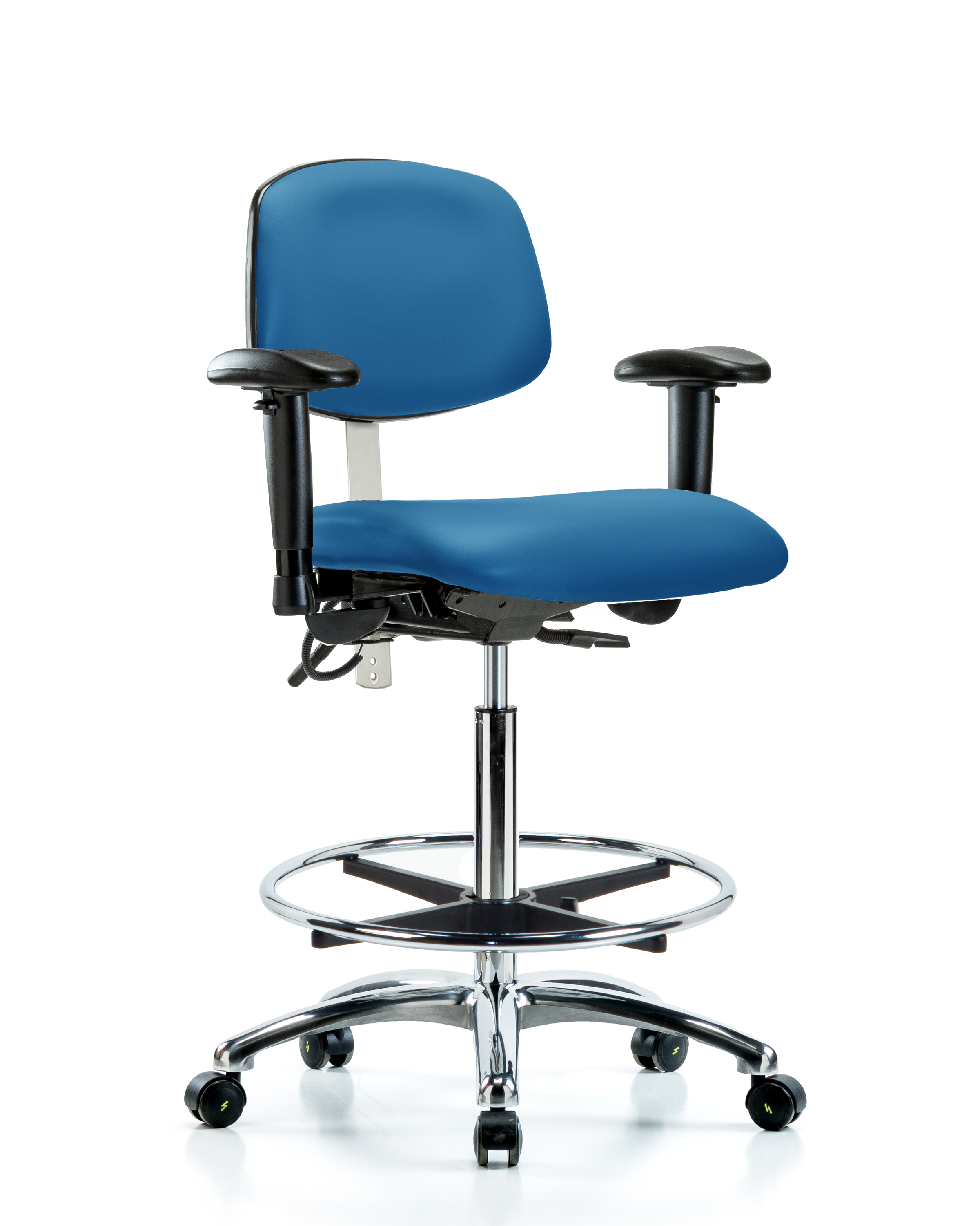 Class 100 Vinyl Clean Room/ESD Chair - High Bench Height with Adjustable Arms, Chrome Foot Ring, & ESD Casters in Blue ESD Vinyl