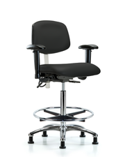 Class 100 Vinyl Clean Room/ESD Chair - High Bench Height with Adjustable Arms, Chrome Foot Ring, & ESD Stationary Glides in Black ESD Vinyl