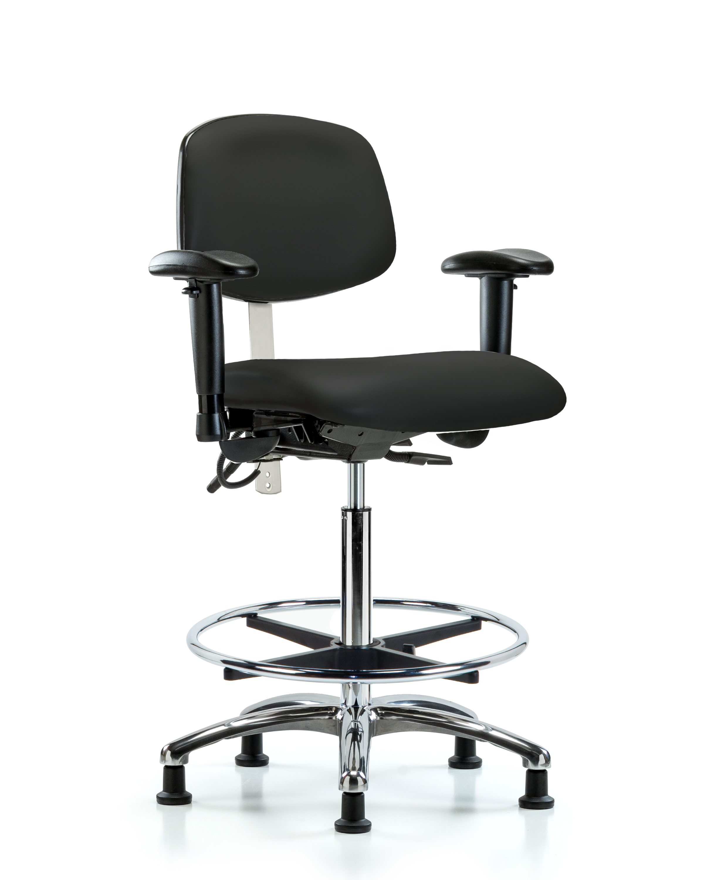 Class 100 Vinyl Clean Room/ESD Chair - High Bench Height with Adjustable Arms, Chrome Foot Ring, & ESD Stationary Glides in Black ESD Vinyl