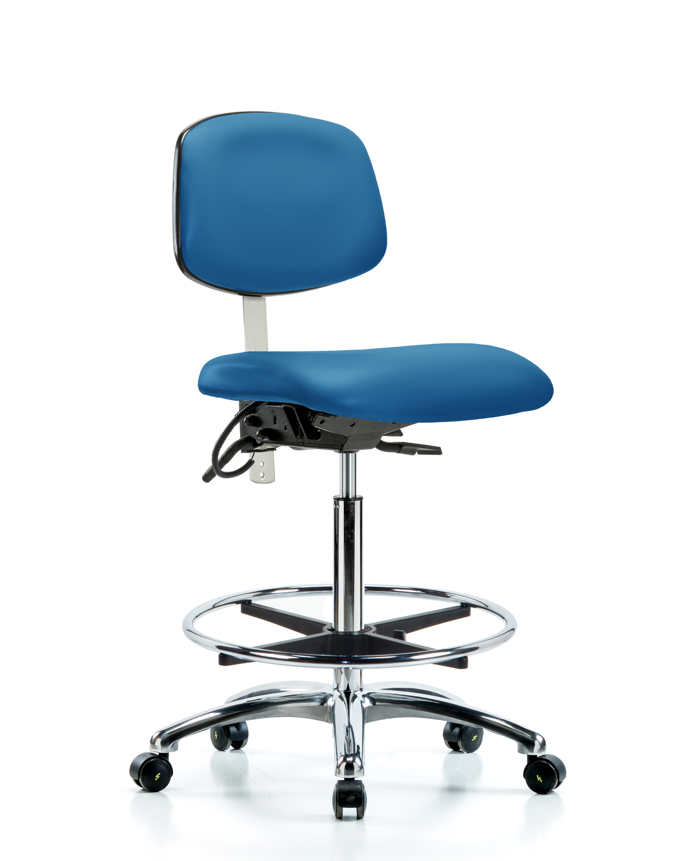 Class 100 Vinyl Clean Room/ESD Chair - High Bench Height with Seat Tilt, Chrome Foot Ring, & ESD Casters in Black ESD Vinyl