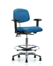 Class 100 Vinyl Clean Room/ESD Chair - High Bench Height with Seat Tilt, Adjustable Arms, Chrome Foot Ring, & ESD Stationary Glides in Blue ESD Vinyl