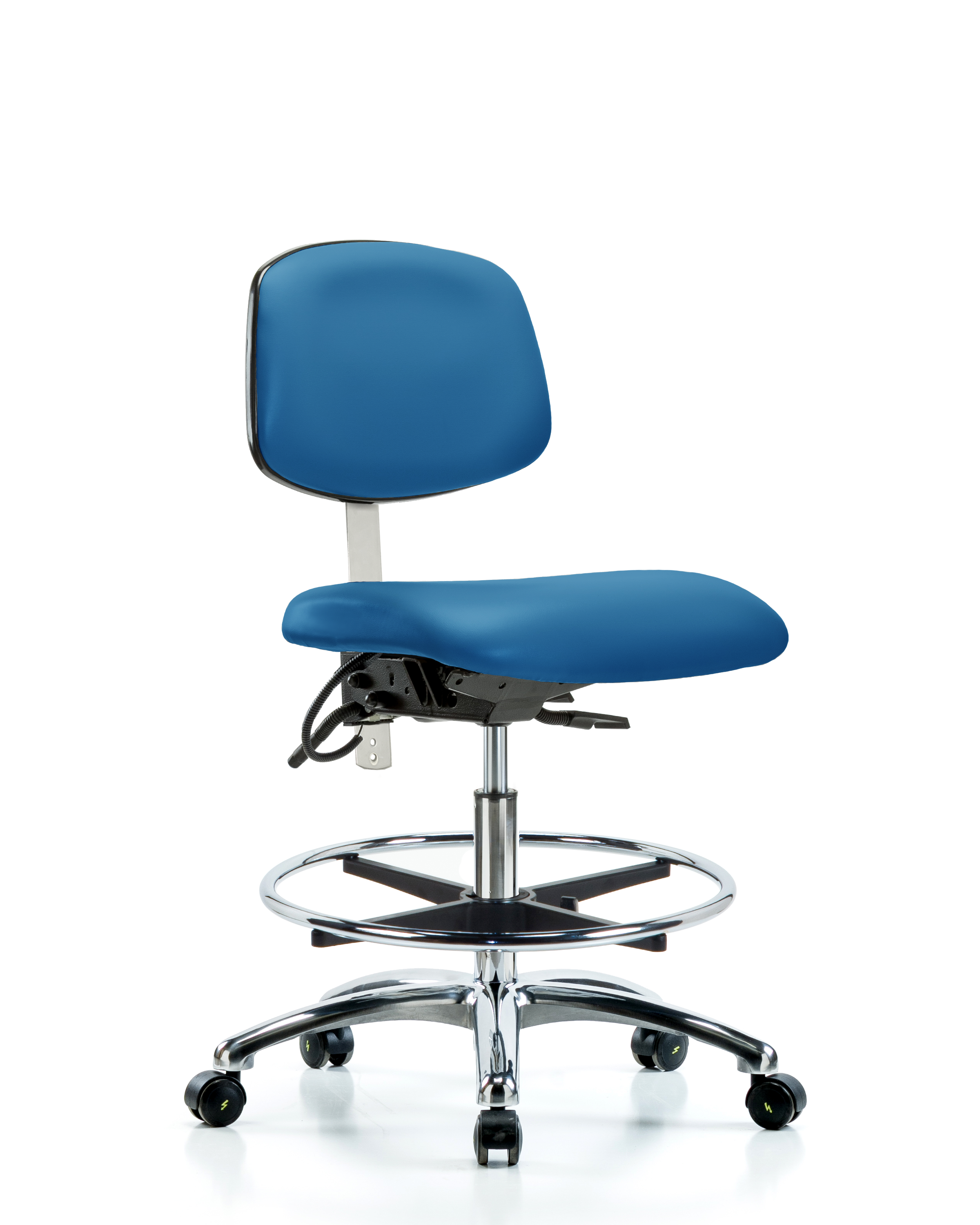 Class 100 Vinyl Clean Room/ESD Chair - Medium Bench Height with Chrome Foot Ring & ESD Casters in Black ESD Vinyl