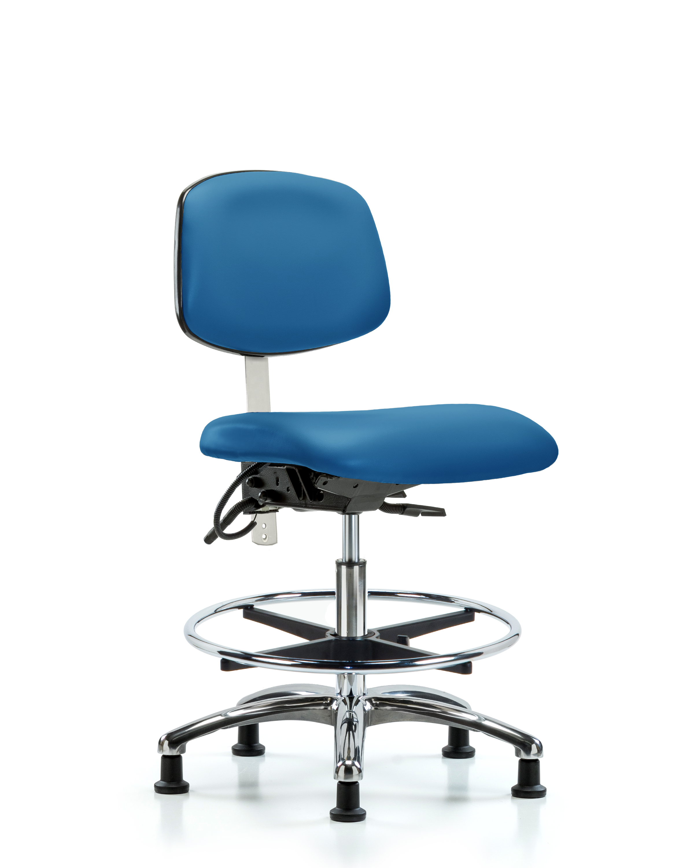 Class 100 Vinyl Clean Room/ESD Chair - Medium Bench Height with Chrome Foot Ring & ESD Stationary Glides in Black ESD Vinyl