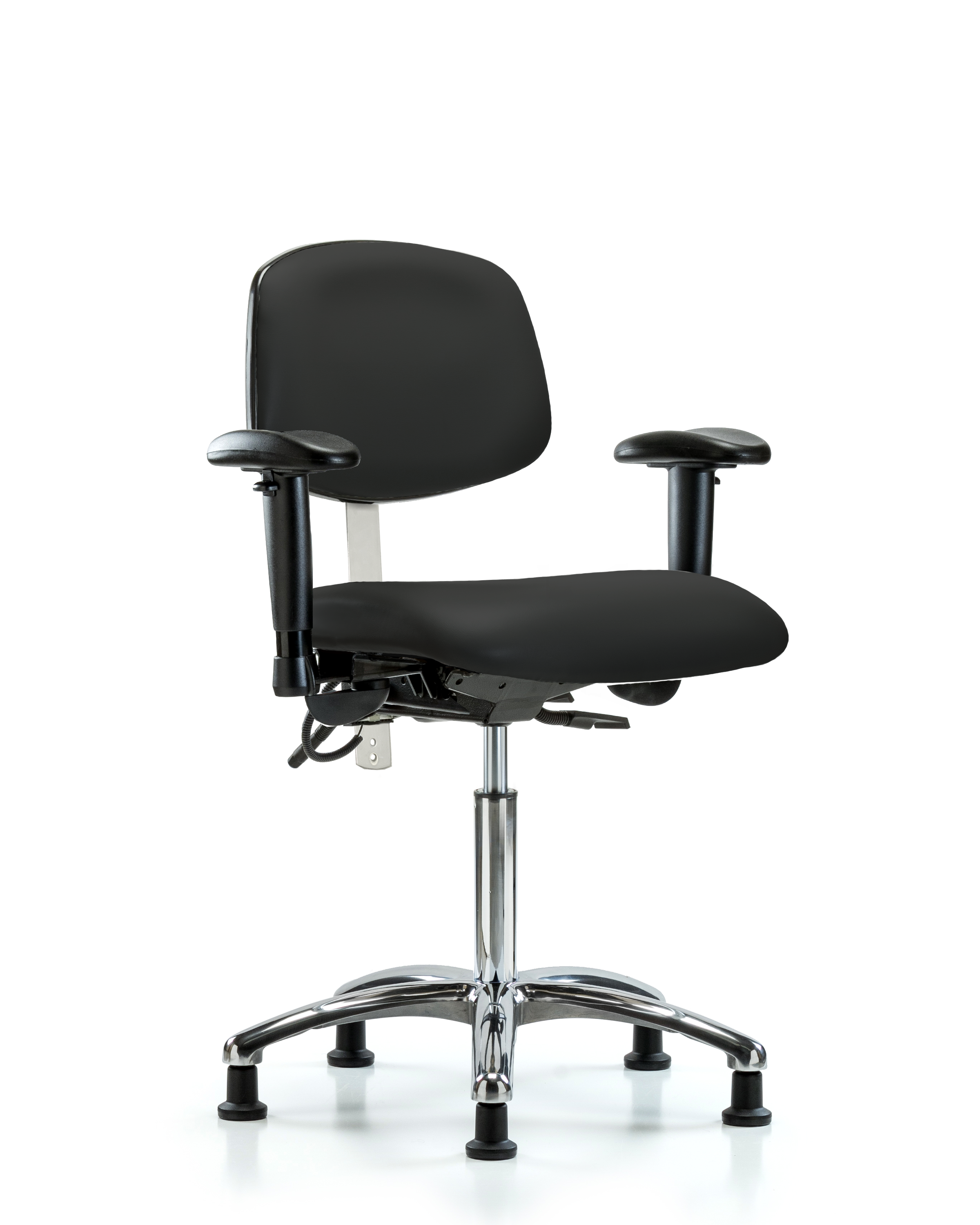 Class 100 Vinyl Clean Room/ESD Chair - Medium Bench Height with Adjustable Arms & ESD Stationary Glides in Black ESD Vinyl