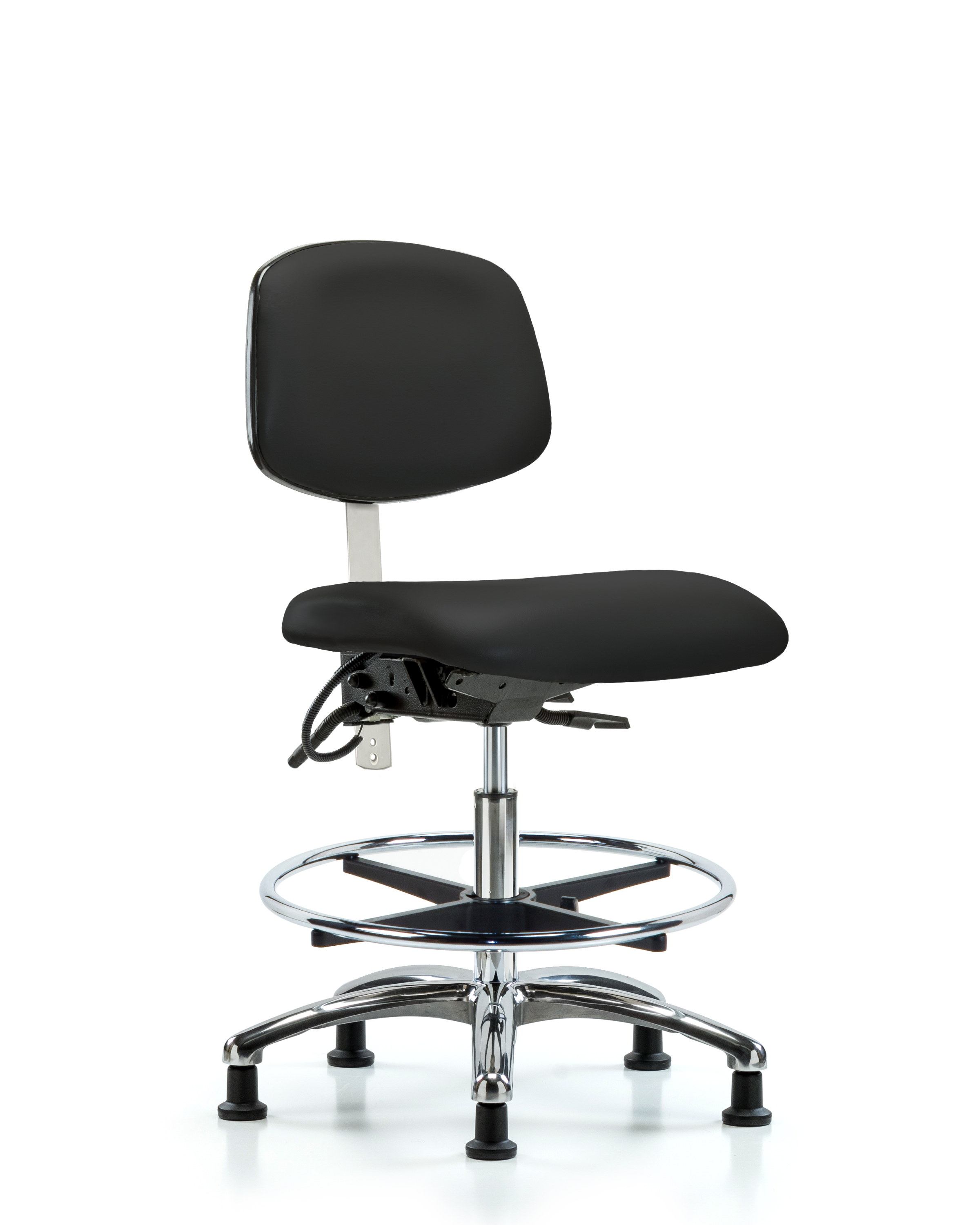 Class 100 Vinyl Clean Room/ESD Chair - Medium Bench Height with Seat Tilt, Chrome Foot Ring, & ESD Stationary Glides in Blue ESD Vinyl
